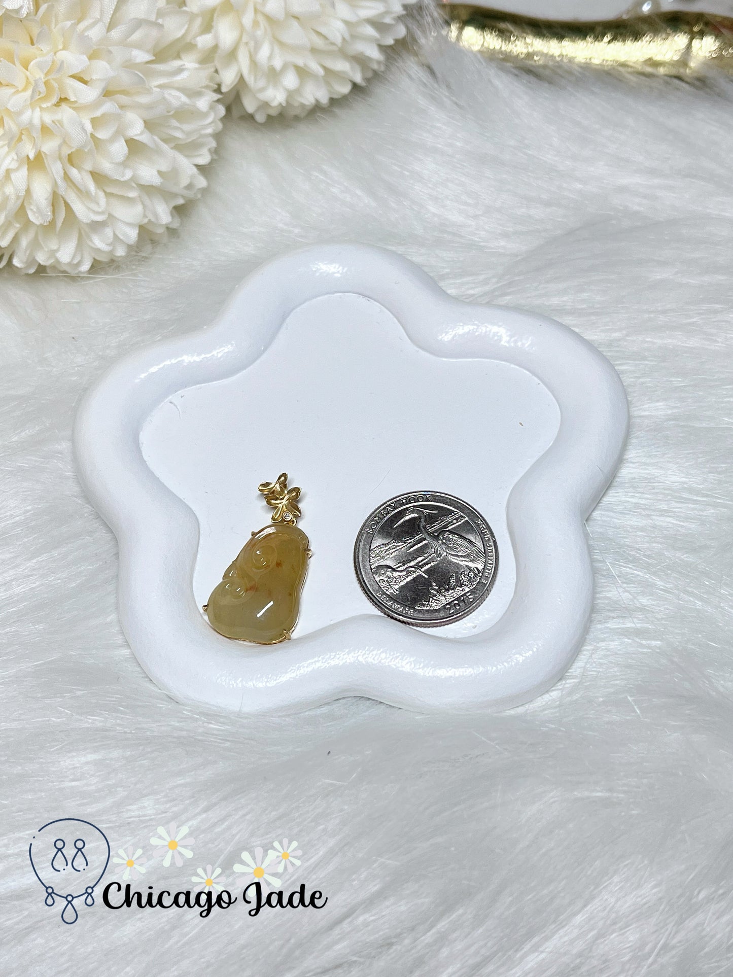 Natural Yellow Ruyi (As you wish) with Highlights of Orange Pendant on 18K Solid Gold Setting Certified Burma Jadeite Jade Feicui