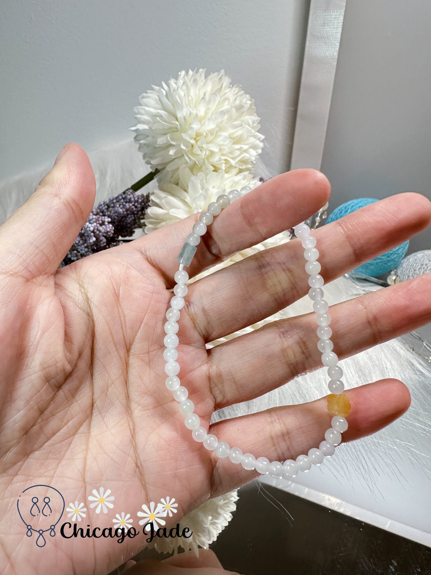 Translucent white mini jadeite jade feicui beads with highlight sunflower yellow jadeite jade flower