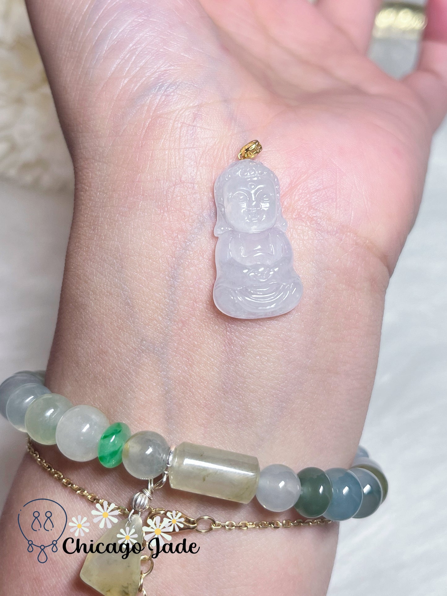 Moonlight White Baby Buddha Protect You from Evil Natural Jadeite Jade Feicui Certified Authentic with 18K Solid Gold Clasp