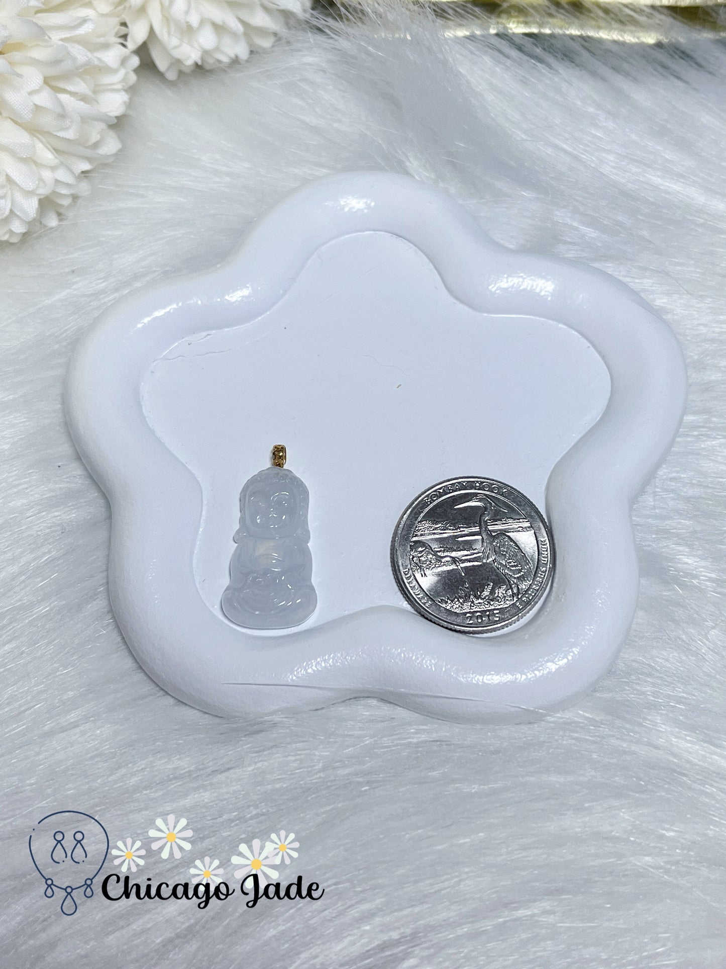 Moonlight White Baby Buddha Protect You from Evil Natural Jadeite Jade Feicui Certified Authentic with 18K Solid Gold Clasp