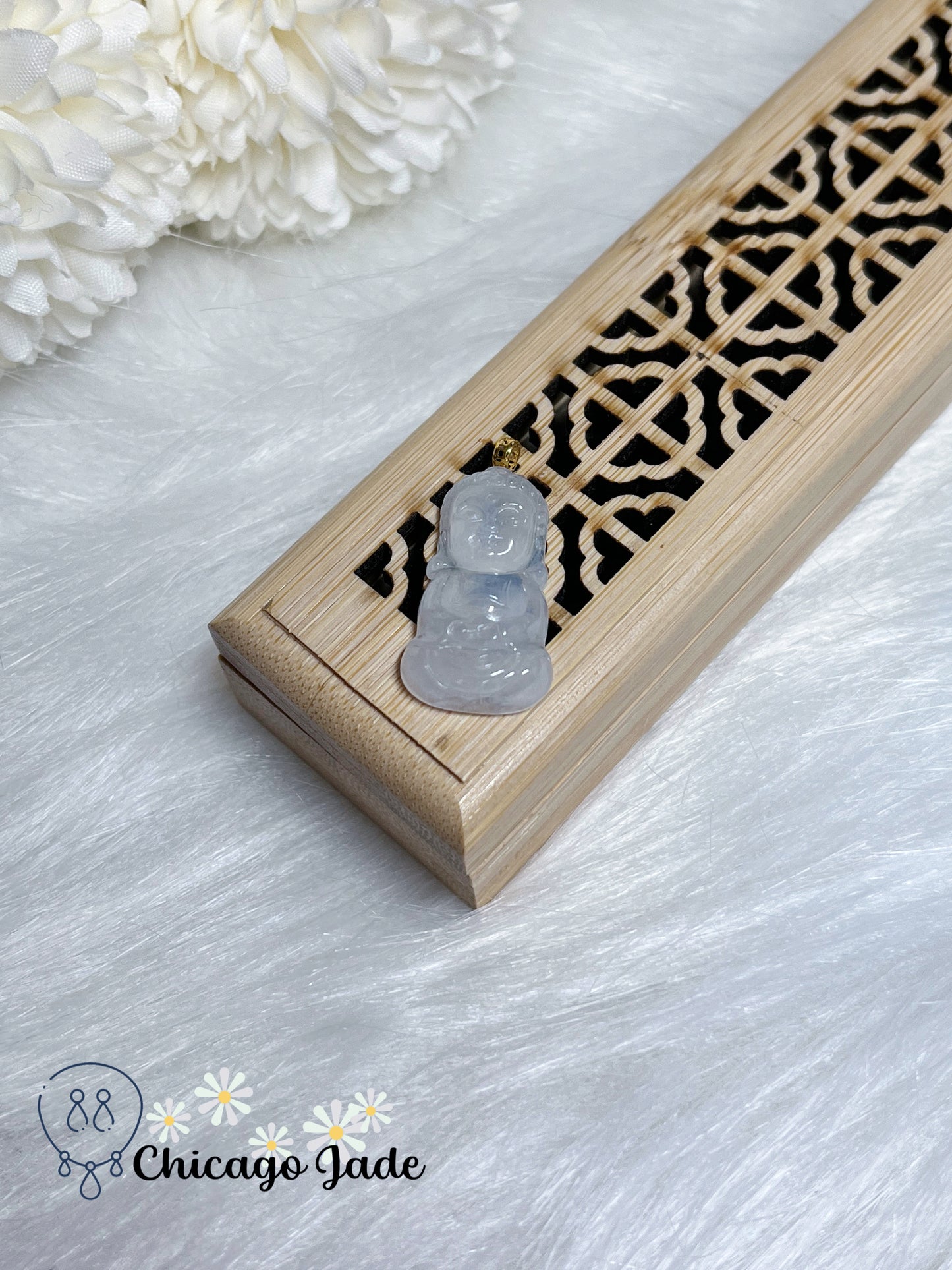 Moonlight White Baby Buddha Protect You from Evil Natural Jadeite Jade Feicui Certified Authentic with 18K Solid Gold Clasp