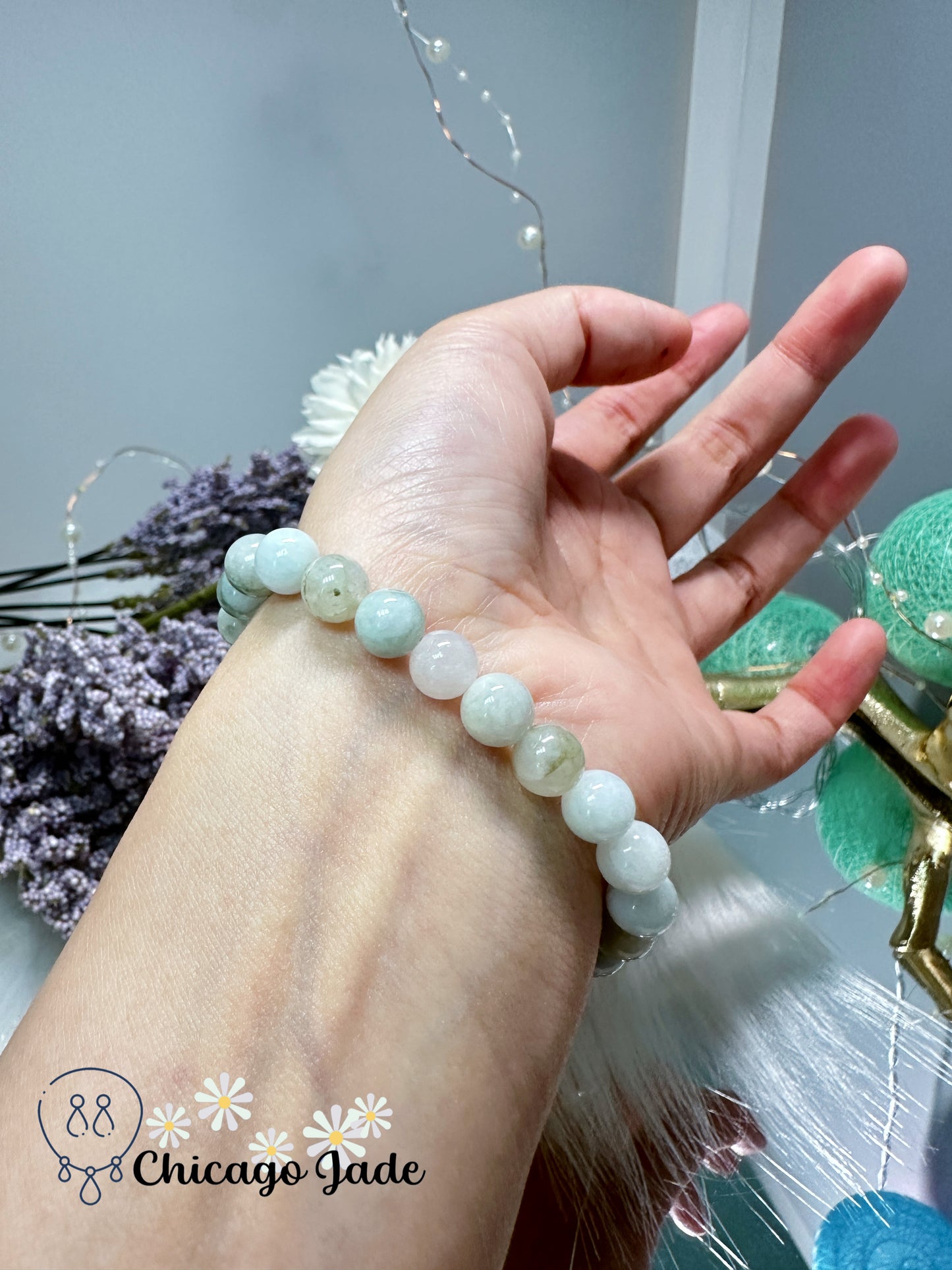 White theme with bright orange highlight natural jadeite jade beaded bracelet - stretchable