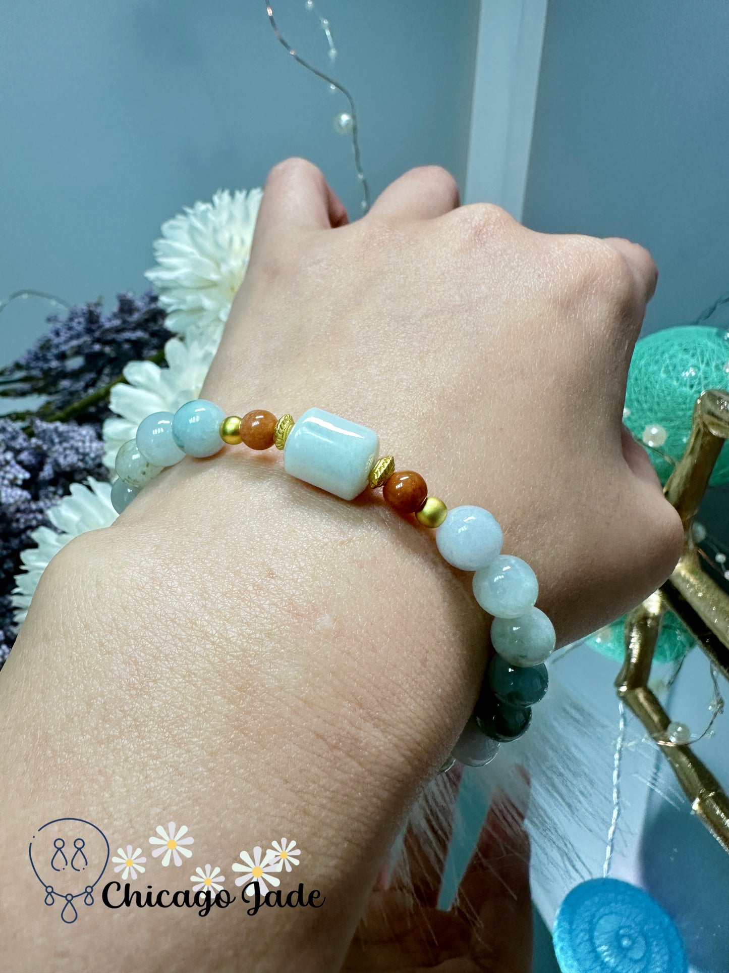 White theme with bright orange highlight natural jadeite jade beaded bracelet - stretchable