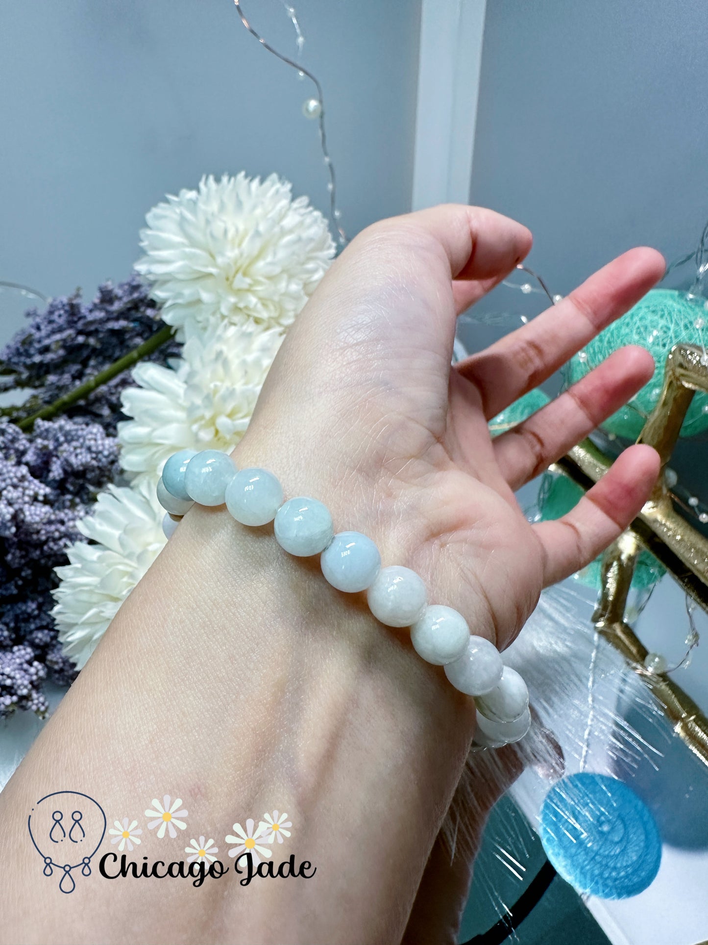 Multi-shaped jadeite jade beads light blue base with petite yellow beads to bring some highlights to your waist bracelet