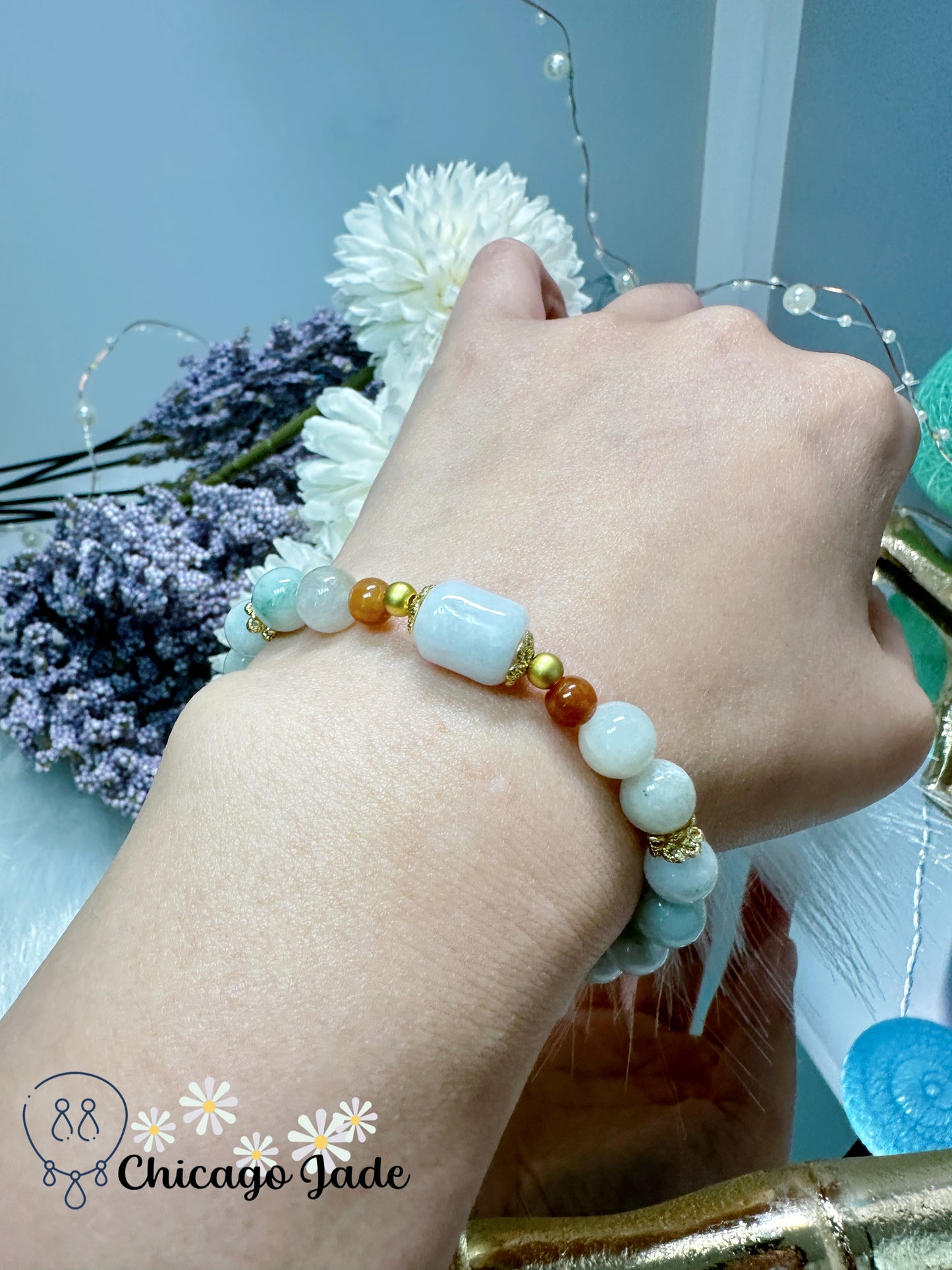 Elegant white jadeite jade feicui beaded bracelet adjustable size with natural pearl dangle