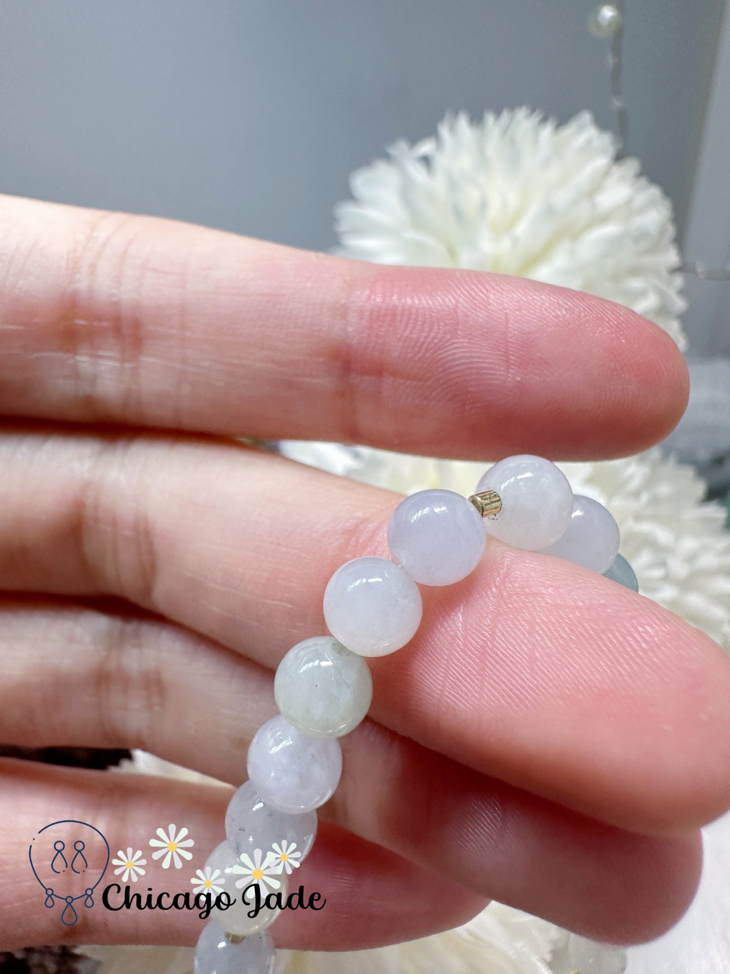 Translucent mini-beads with a cubic carved jadeite jade feicui stone, touch of green, adjustable, affordable, and thoughtful gift for your loved one