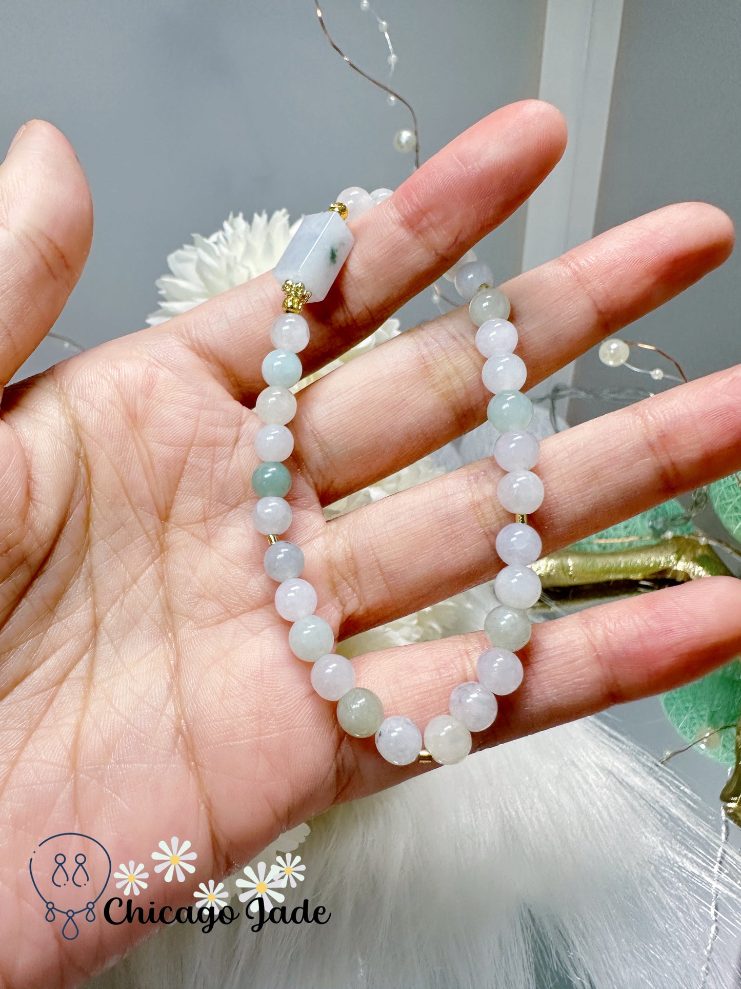 Translucent mini-beads with a cubic carved jadeite jade feicui stone, touch of green, adjustable, affordable, and thoughtful gift for your loved one