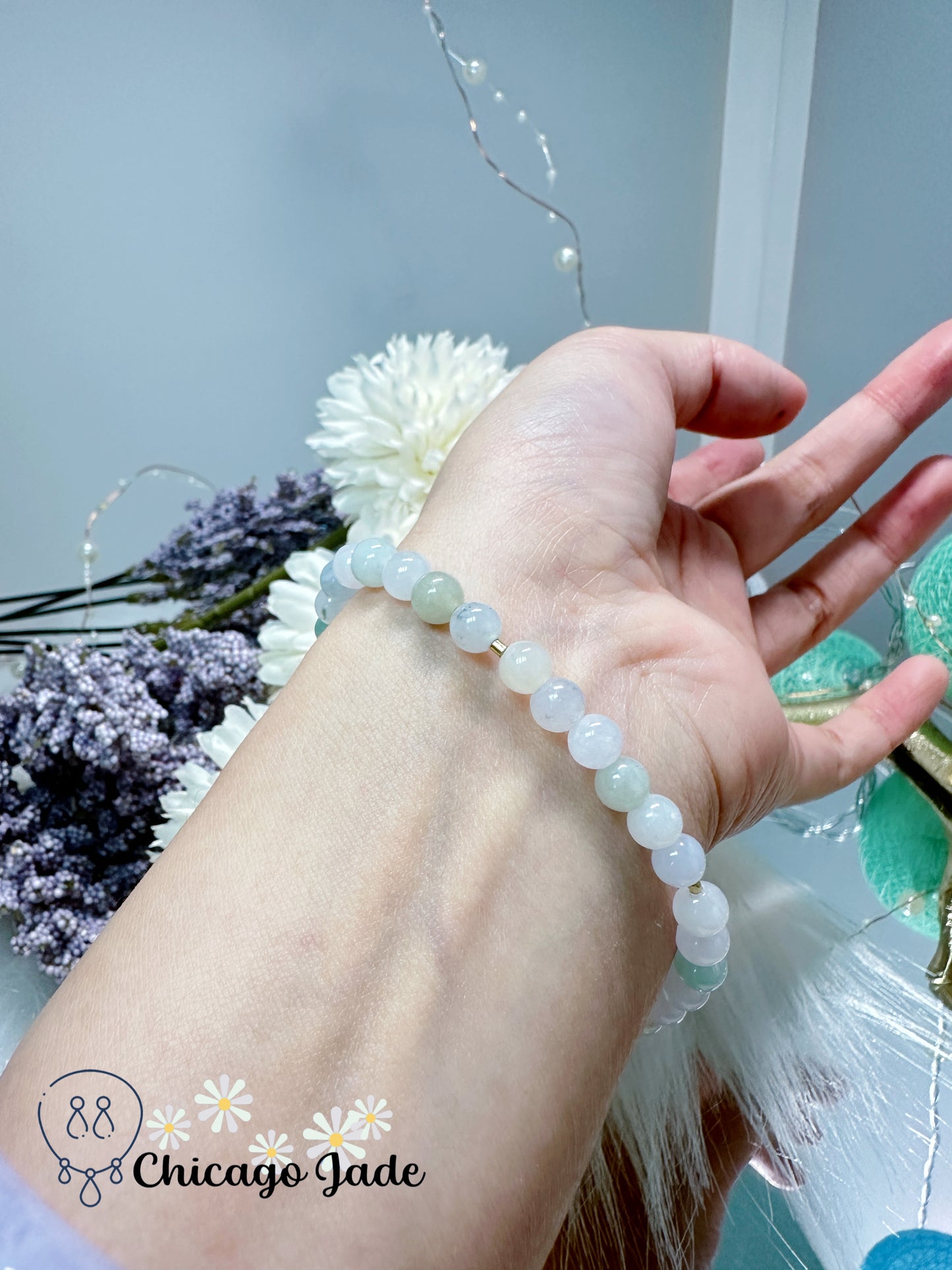 Translucent mini-beads with a cubic carved jadeite jade feicui stone, touch of green, adjustable, affordable, and thoughtful gift for your loved one