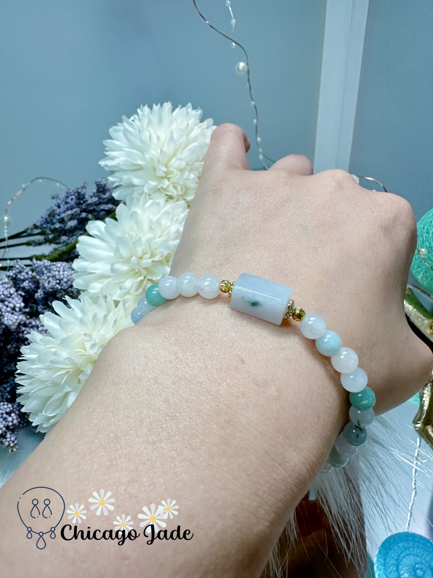 Translucent mini-beads with a cubic carved jadeite jade feicui stone, touch of green, adjustable, affordable, and thoughtful gift for your loved one