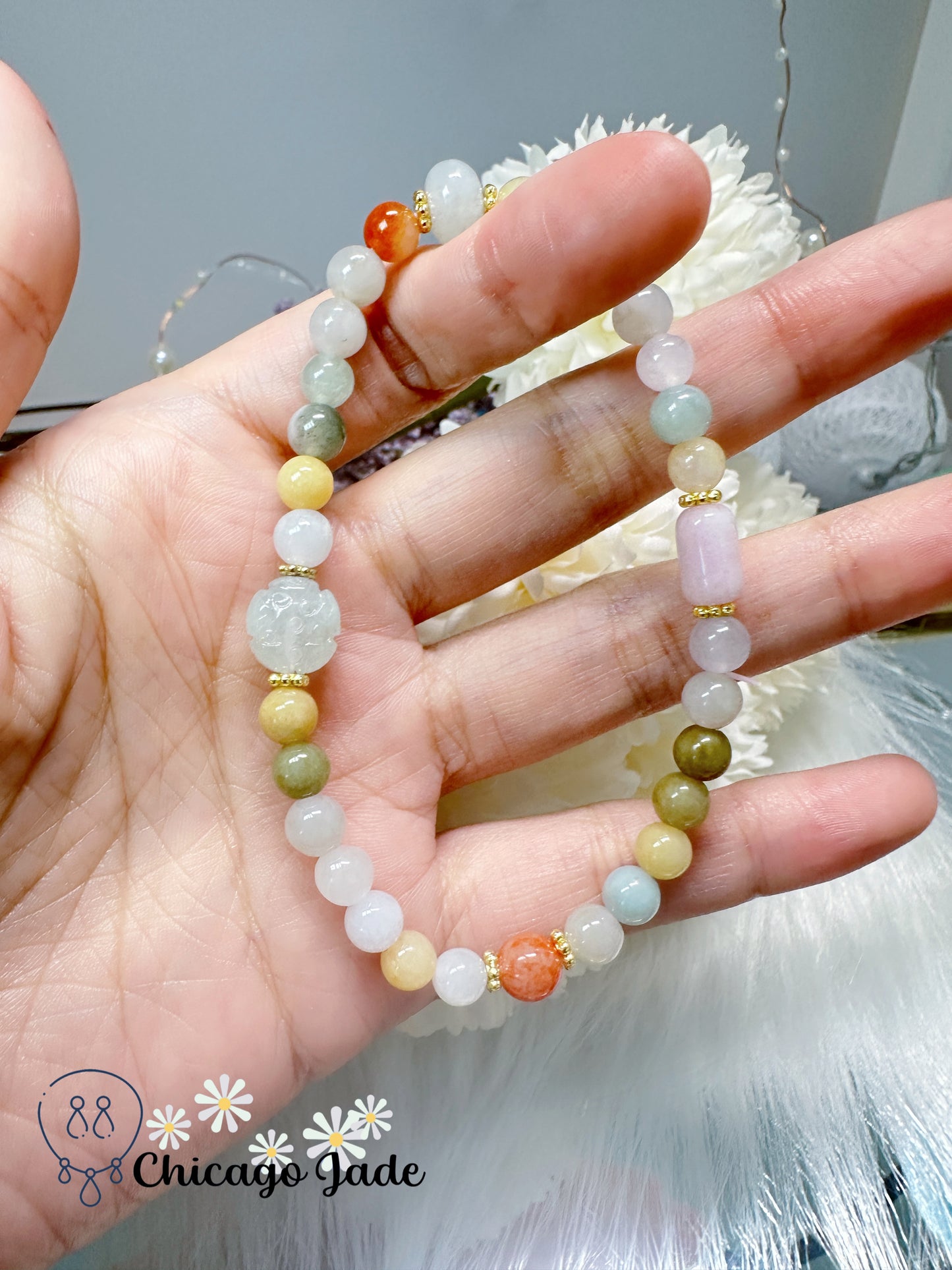 Mutli-color floral stretchable jadeite jade feicui bracelet - authentic, untreated, elegant, finely polished and designed