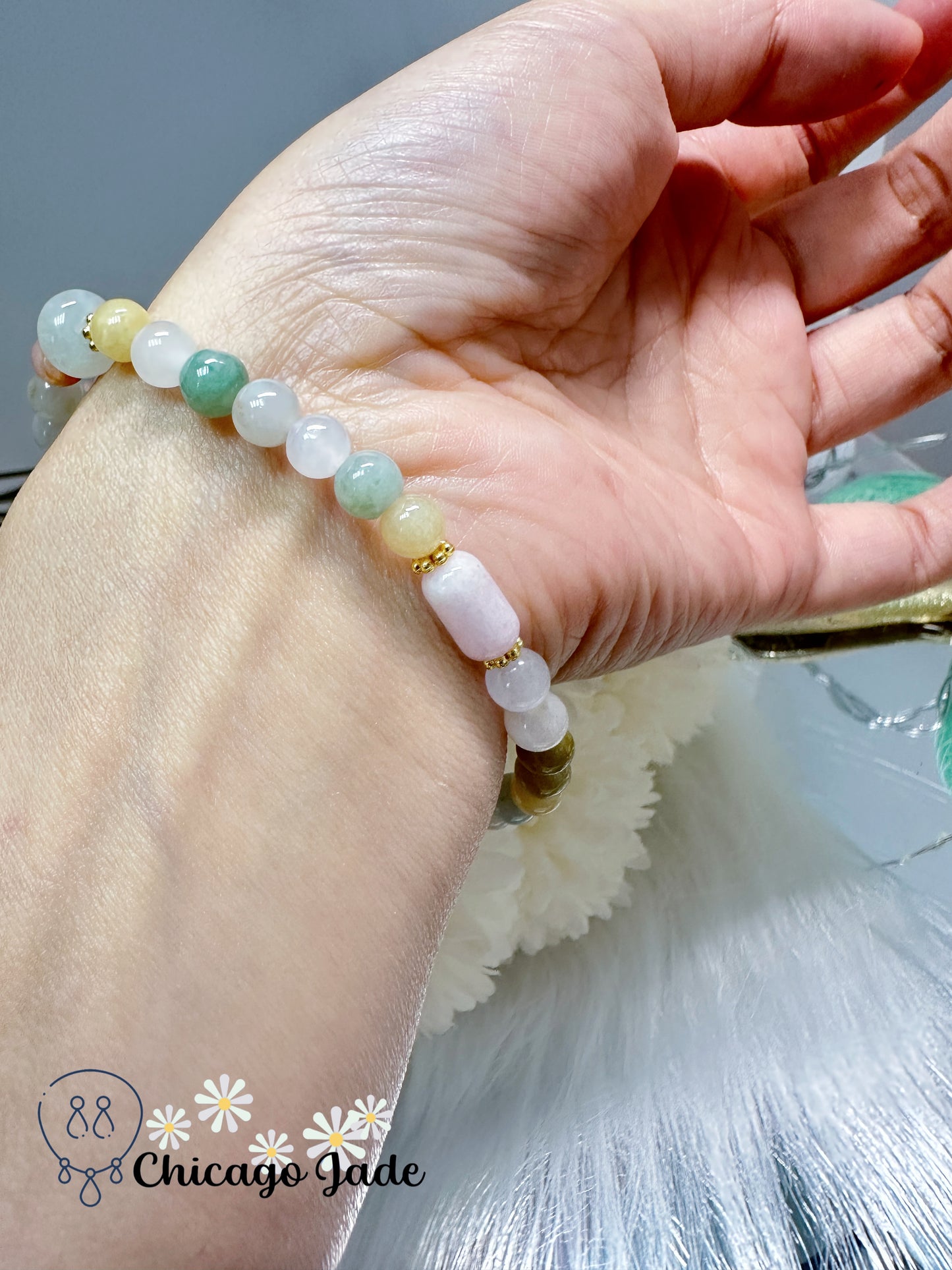 Mutli-color floral stretchable jadeite jade feicui bracelet - authentic, untreated, elegant, finely polished and designed