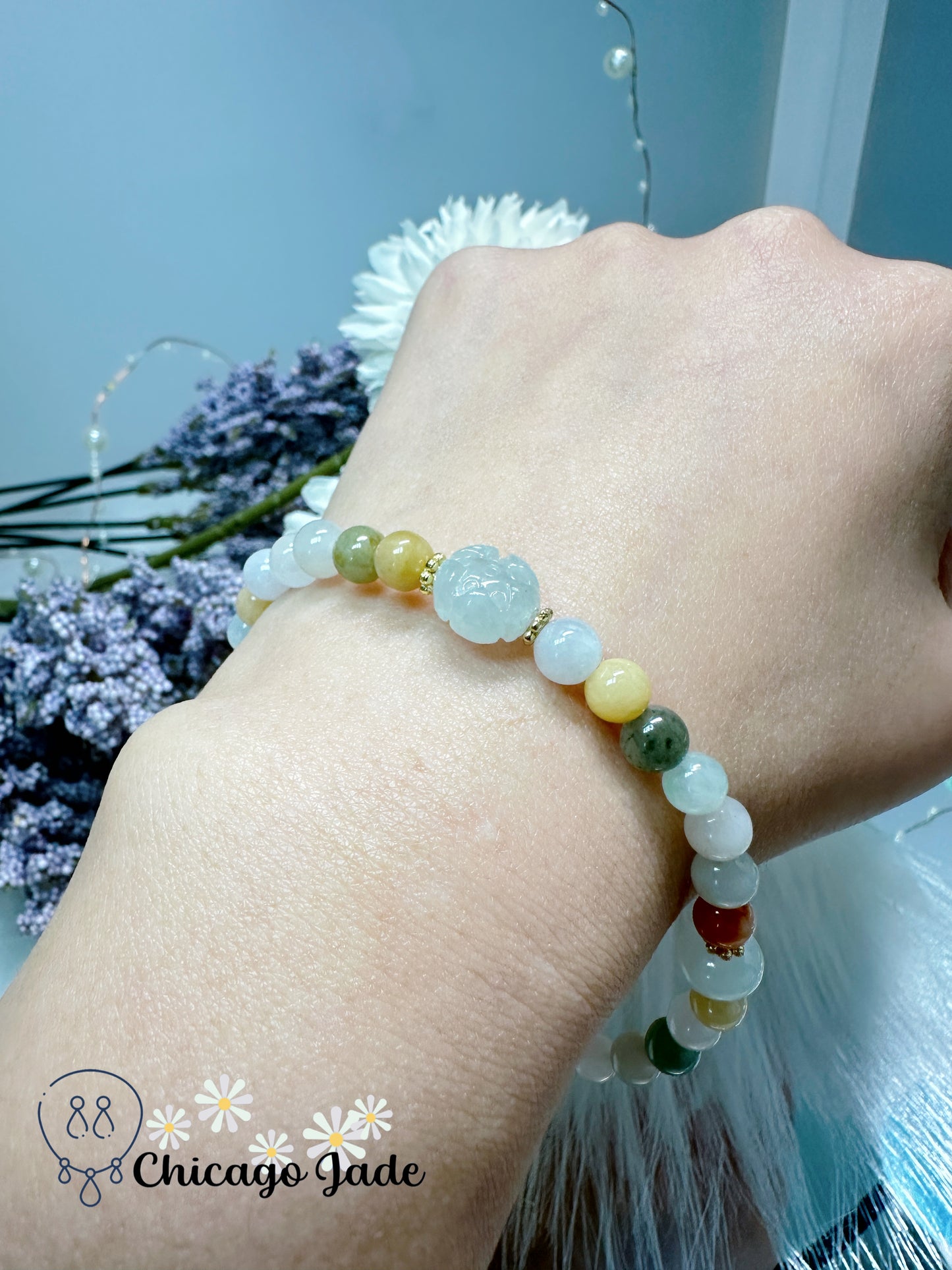 Mutli-color floral stretchable jadeite jade feicui bracelet - authentic, untreated, elegant, finely polished and designed