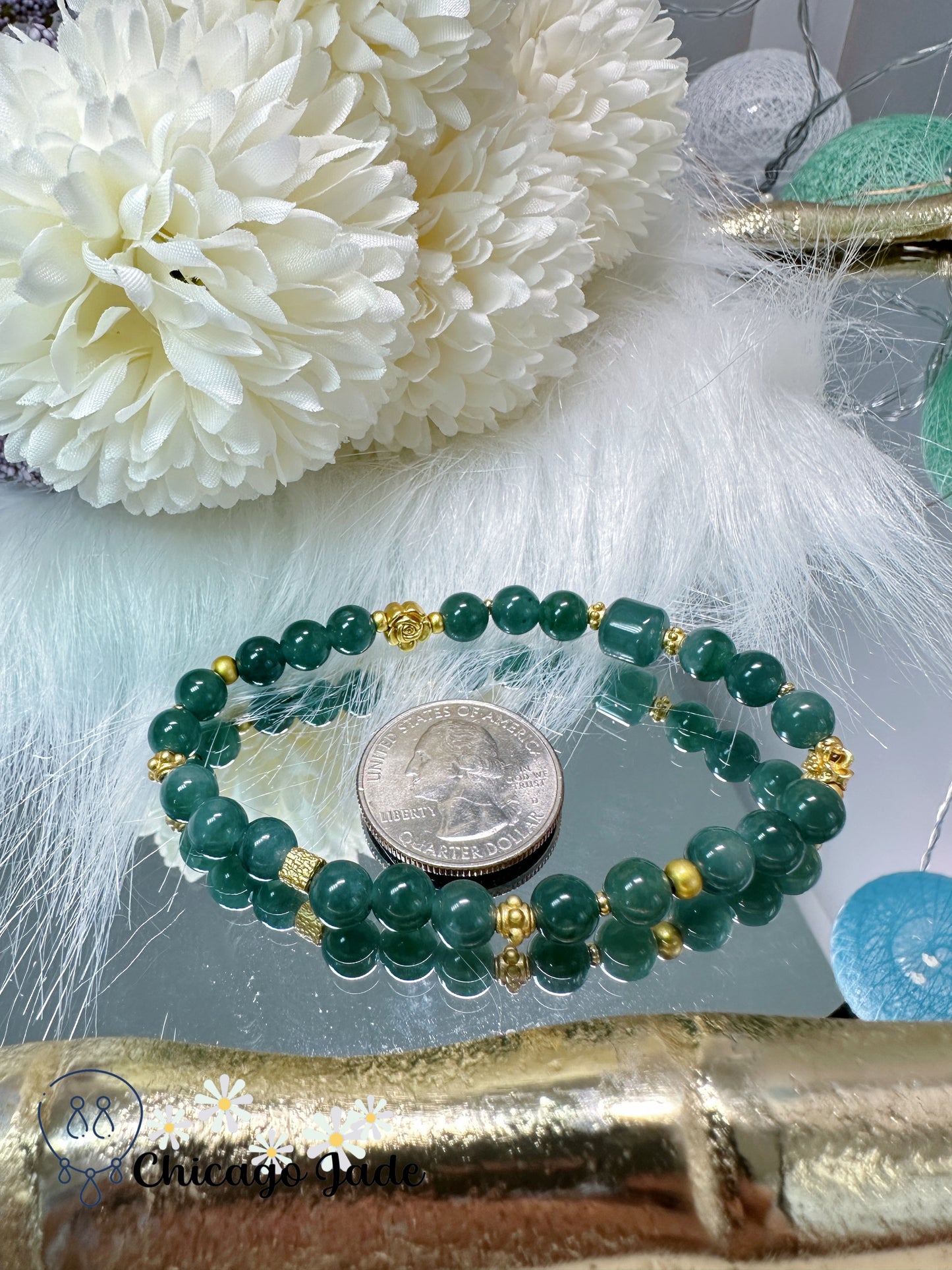 Lake green authentic Grade A natural jadeite jade feicui beaded bracelet - adjustable to fit