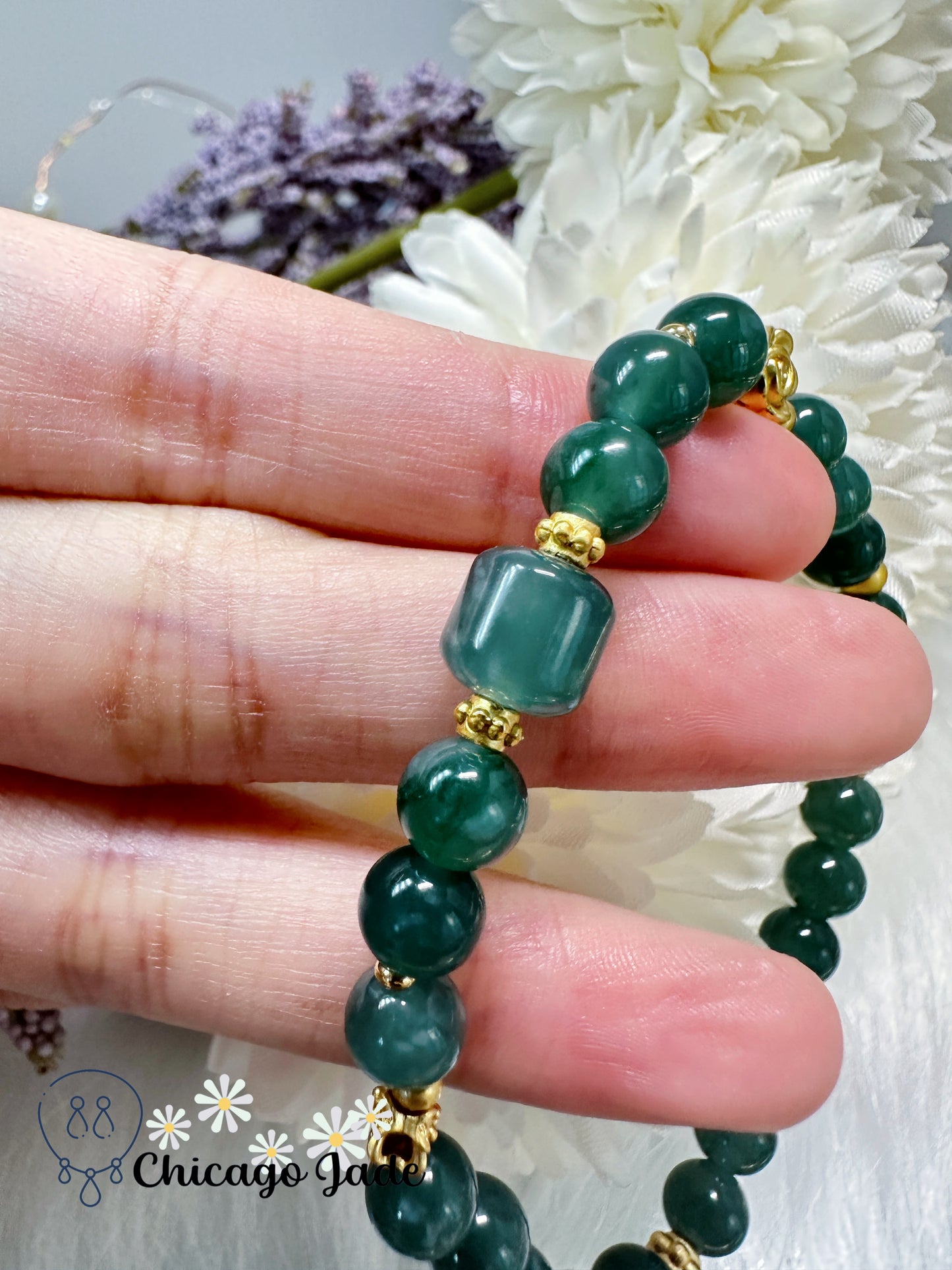 Lake green authentic Grade A natural jadeite jade feicui beaded bracelet - adjustable to fit