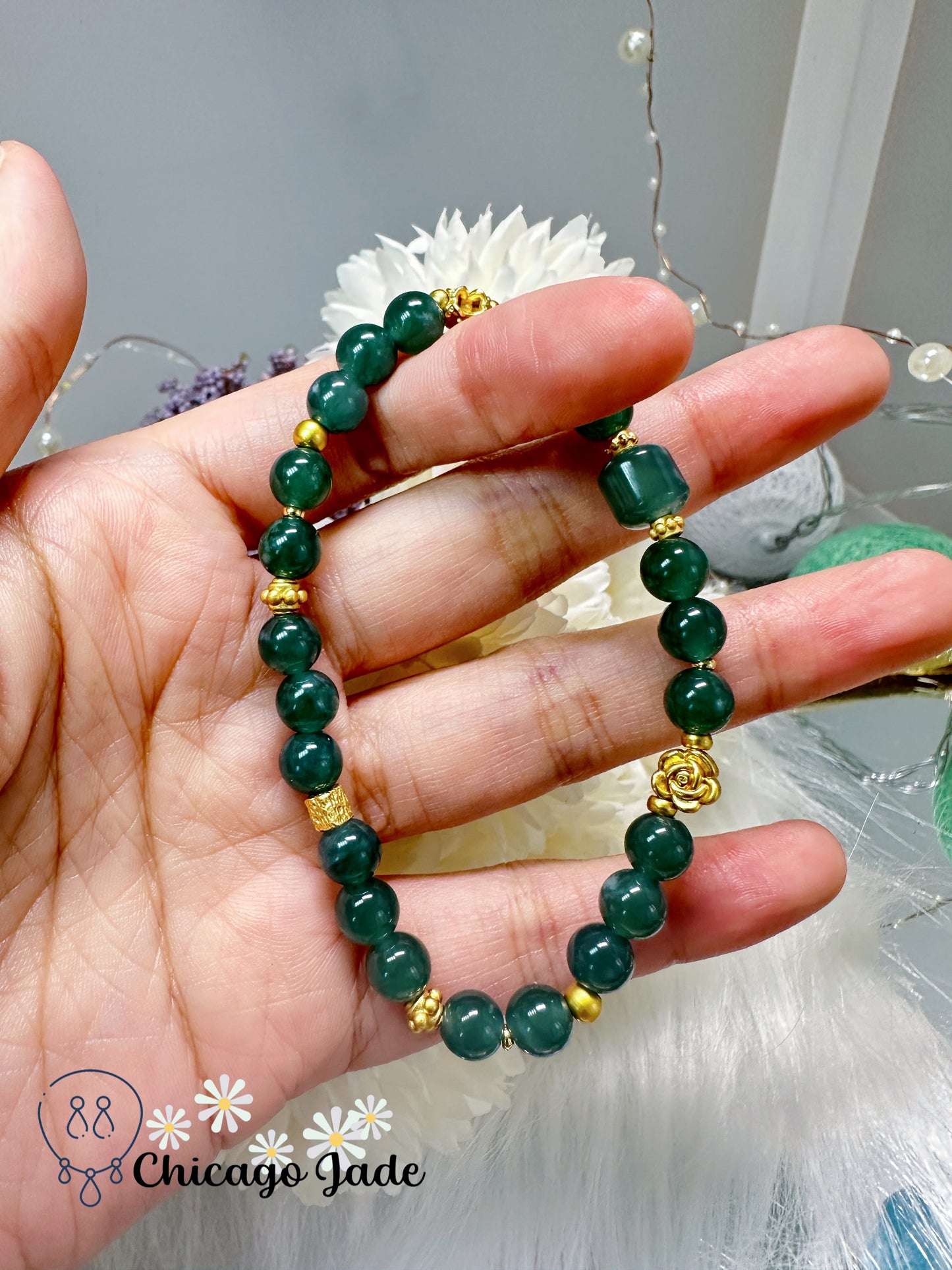 Lake green authentic Grade A natural jadeite jade feicui beaded bracelet - adjustable to fit