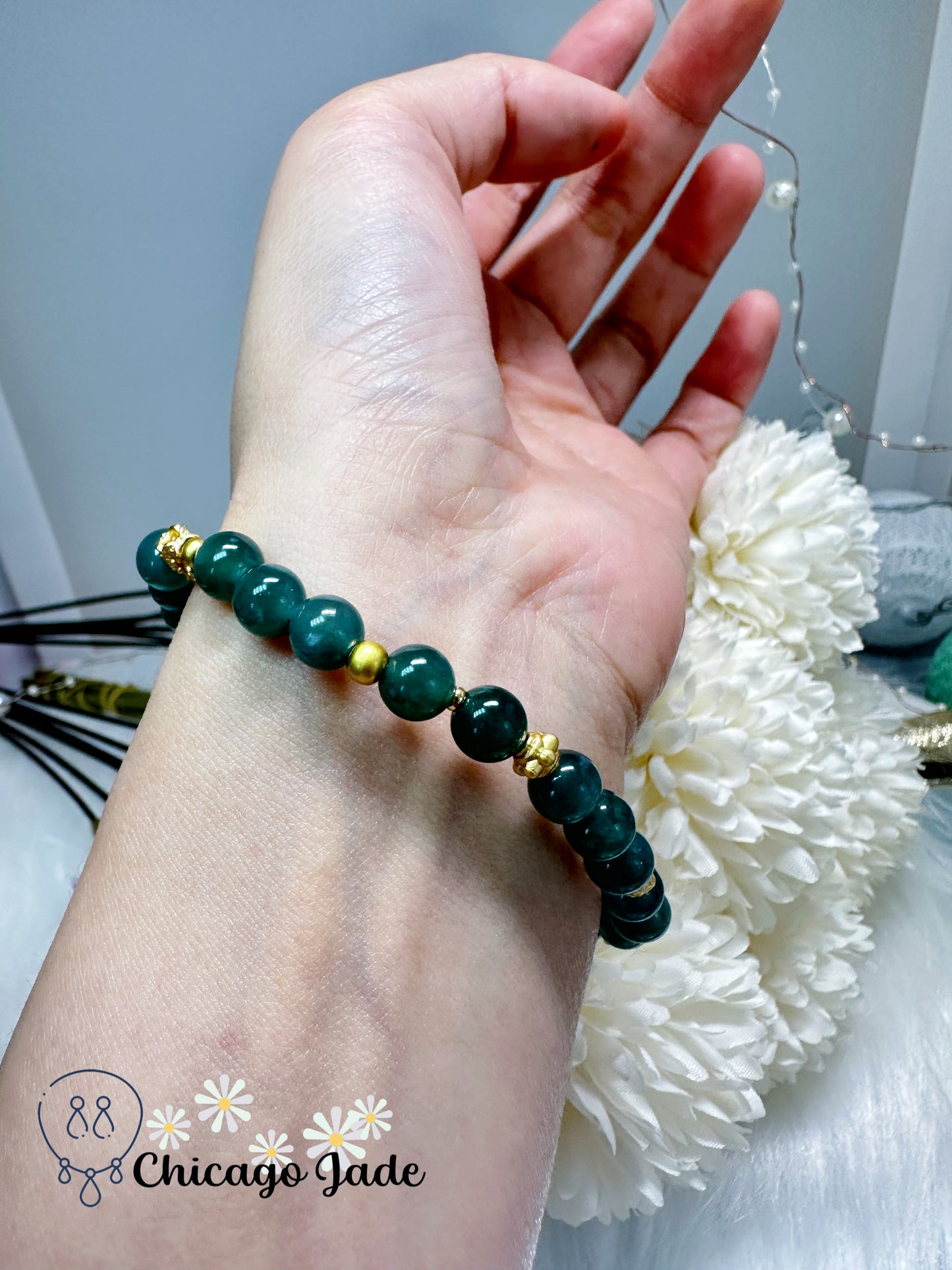 Lake green authentic Grade A natural jadeite jade feicui beaded bracelet - adjustable to fit