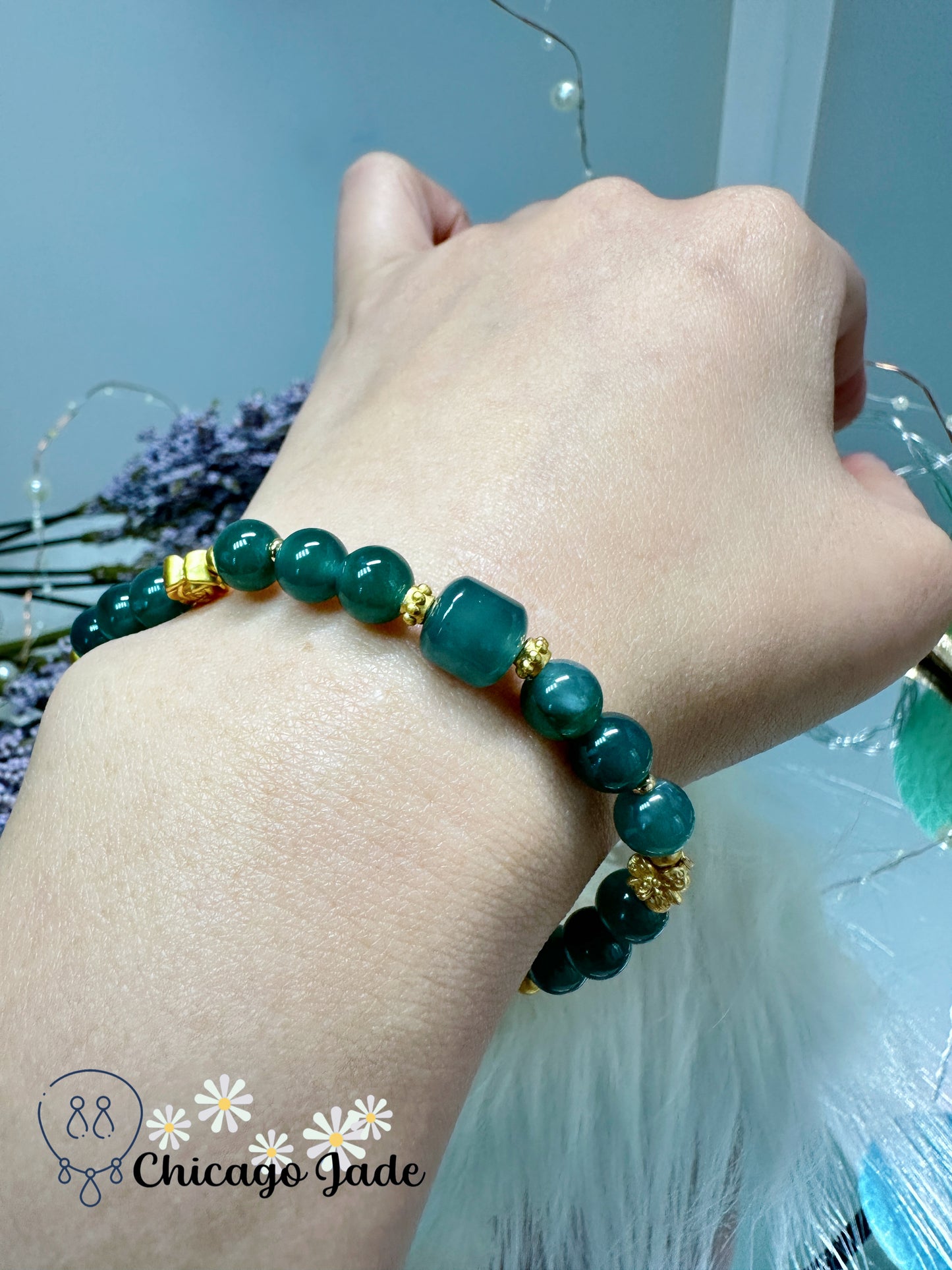 Lake green authentic Grade A natural jadeite jade feicui beaded bracelet - adjustable to fit