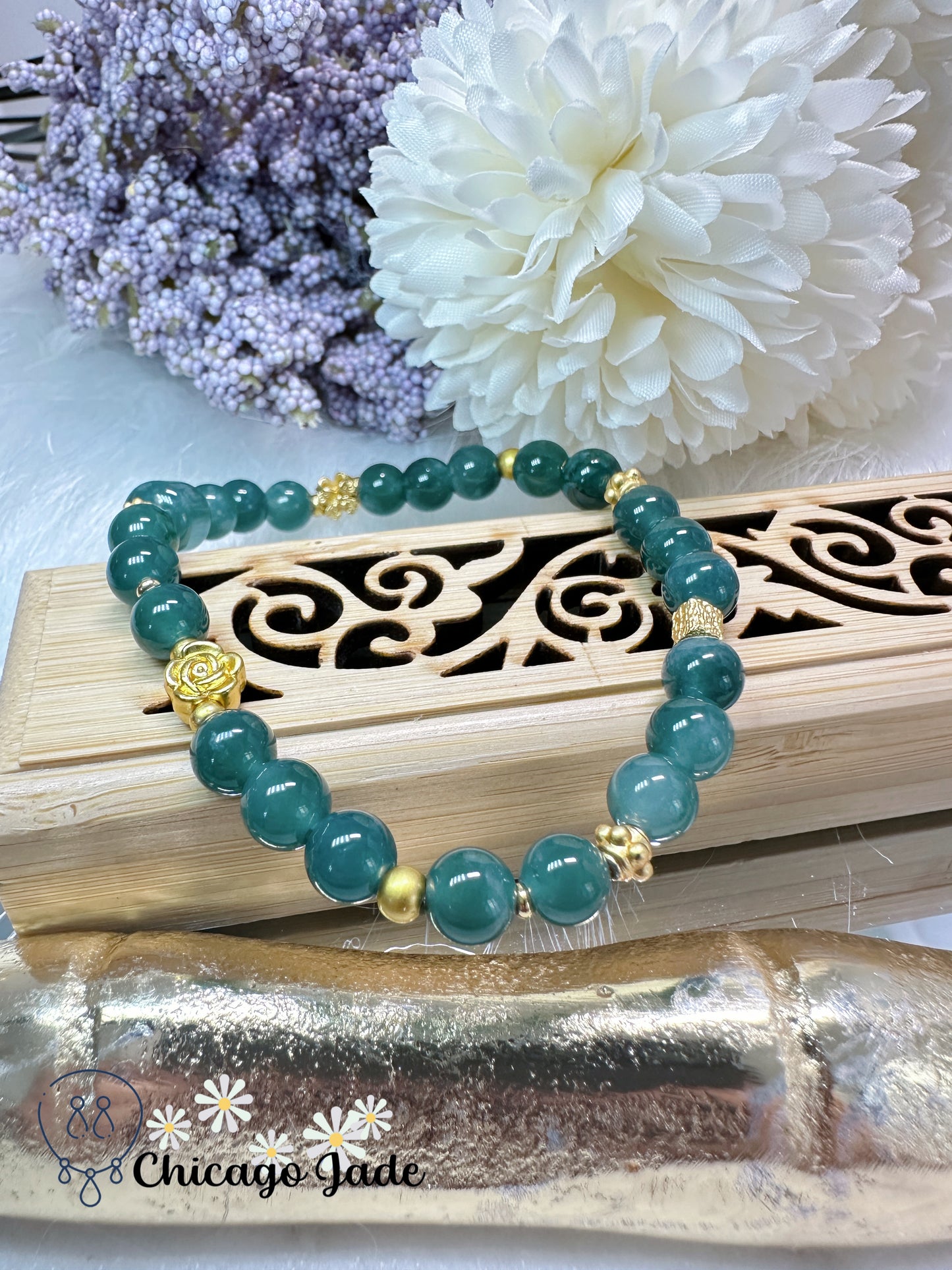 Lake green authentic Grade A natural jadeite jade feicui beaded bracelet - adjustable to fit