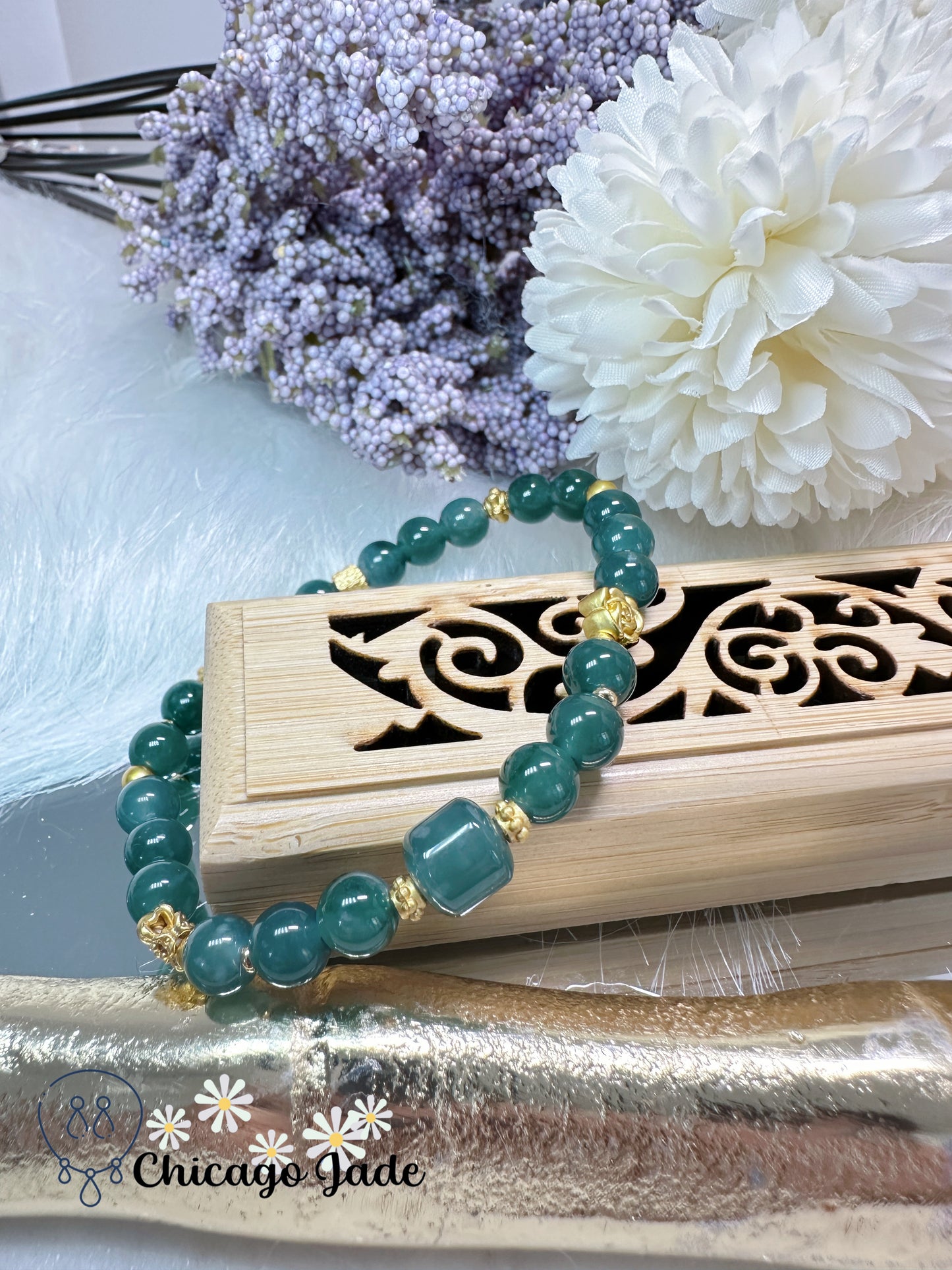 Lake green authentic Grade A natural jadeite jade feicui beaded bracelet - adjustable to fit