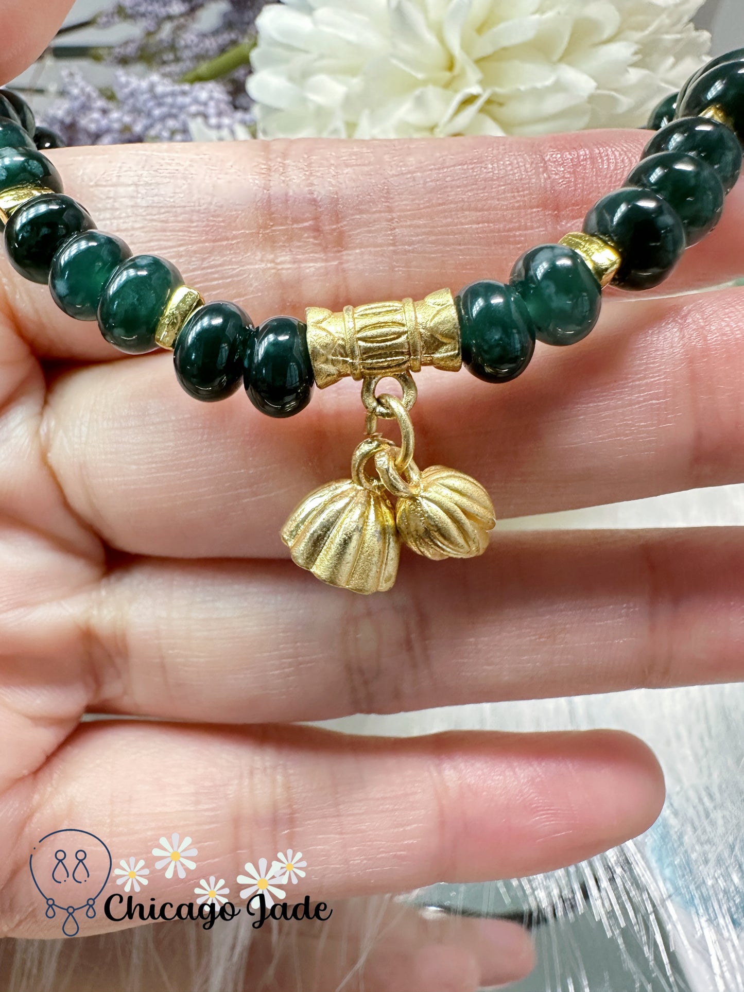 Dark green donut beads - authentic Grade A jadeite jade feicui with lotus dangle decoration