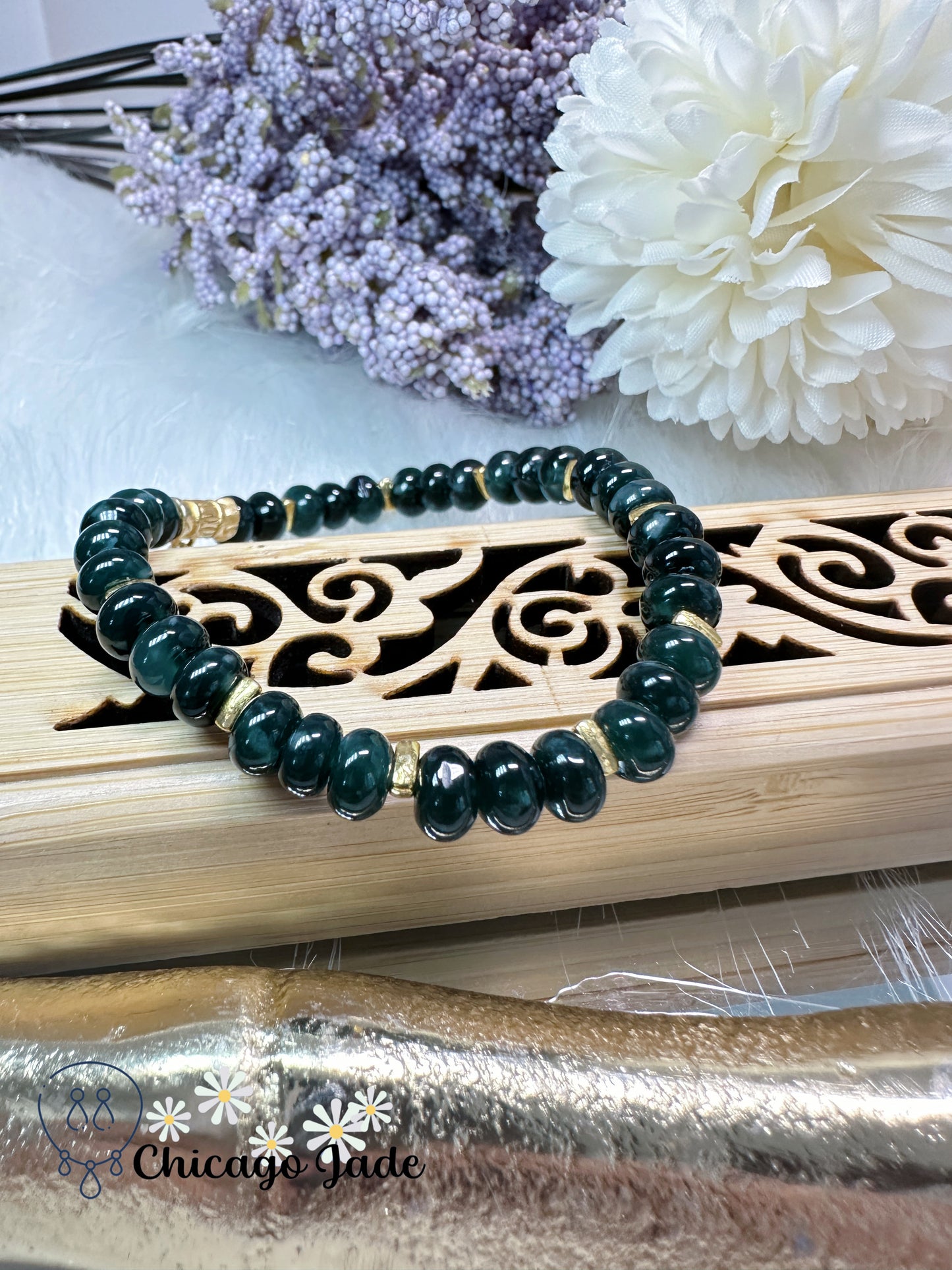 Dark green donut beads - authentic Grade A jadeite jade feicui with lotus dangle decoration