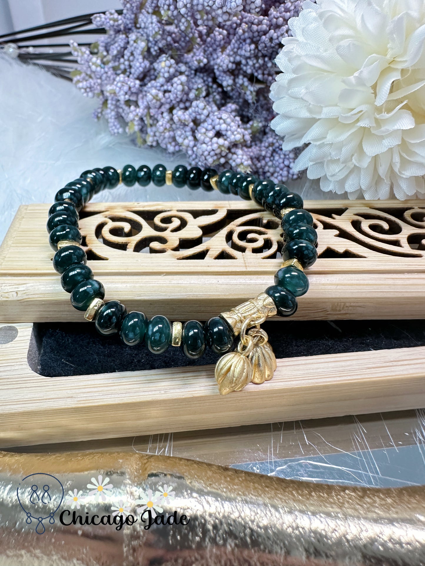 Dark green donut beads - authentic Grade A jadeite jade feicui with lotus dangle decoration