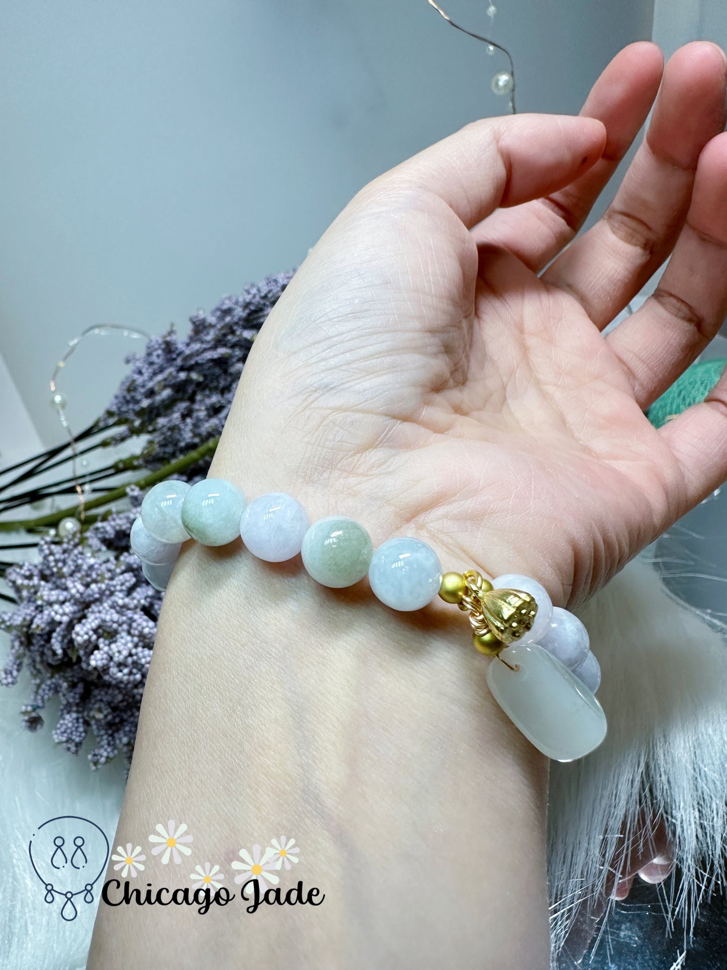 9.1mm Large Round Moonlight Jadeite Jade Feicui Beaded Bracelet with Matching Dangle