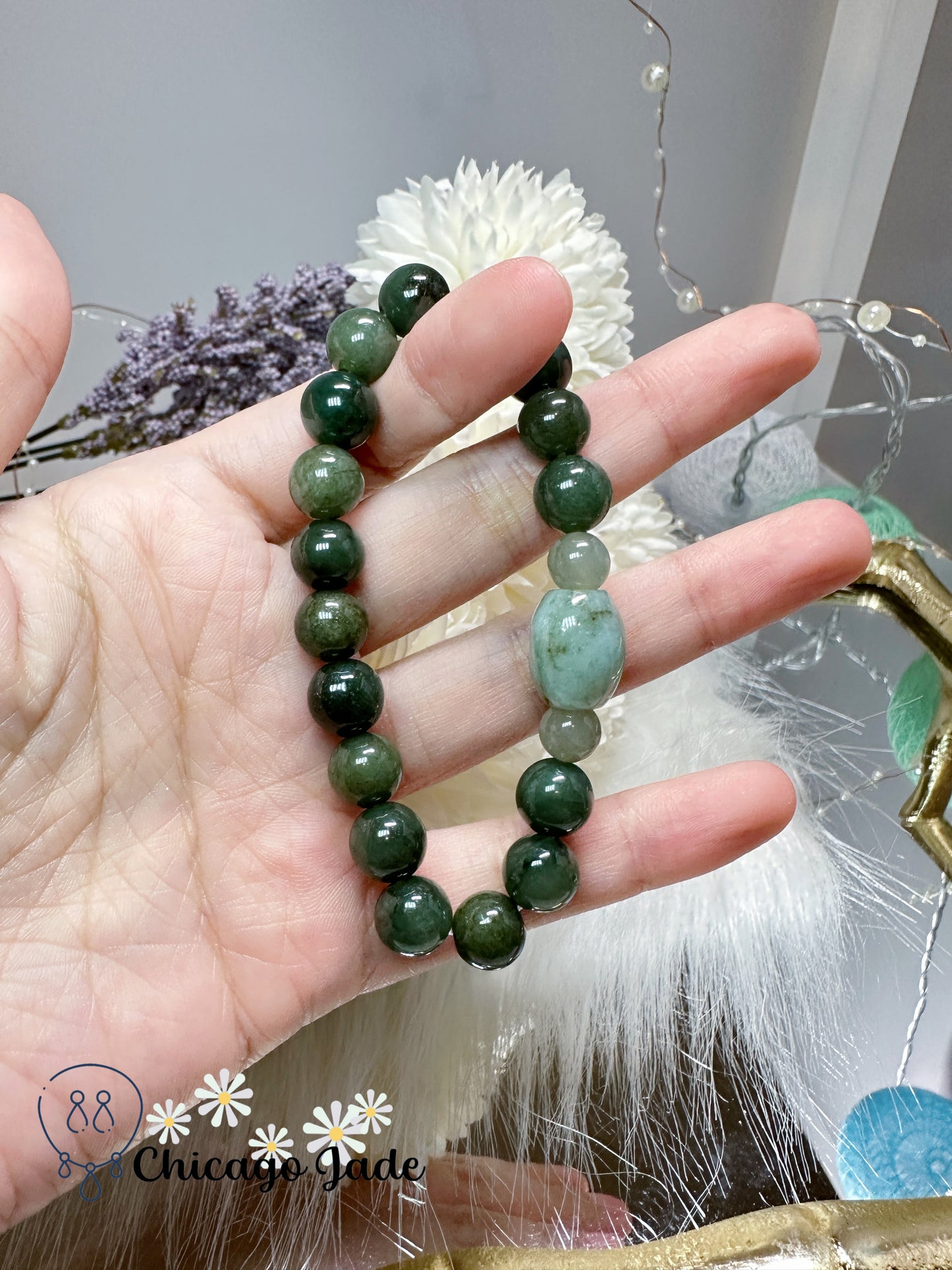 9.4mm Large finely polished dark green Myanmar Burma jadeite jade beaded bracelet adjustable authentic Grade A