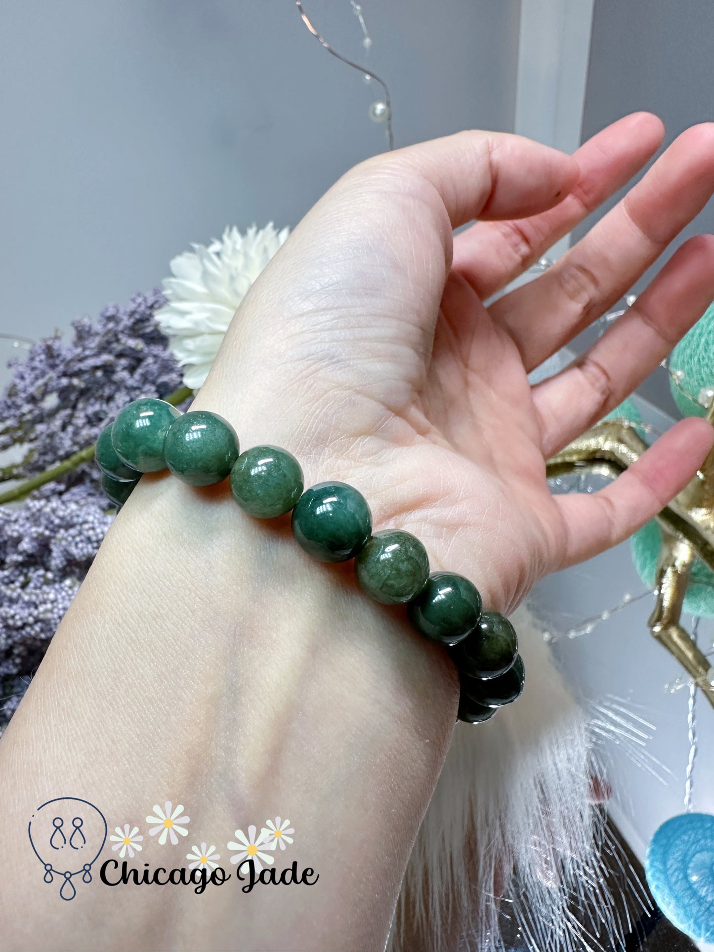 9.4mm Large finely polished dark green Myanmar Burma jadeite jade beaded bracelet adjustable authentic Grade A