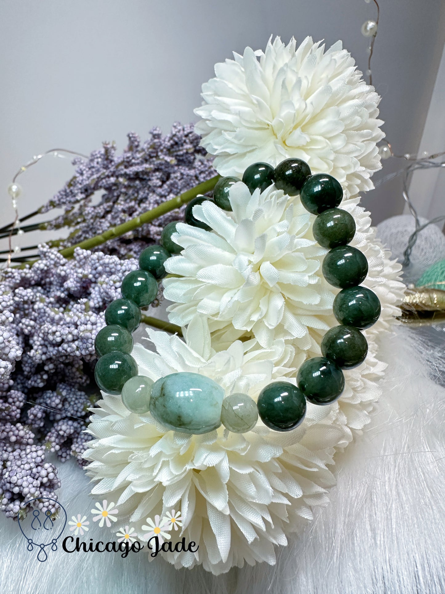 9.4mm Large finely polished dark green Myanmar Burma jadeite jade beaded bracelet adjustable authentic Grade A