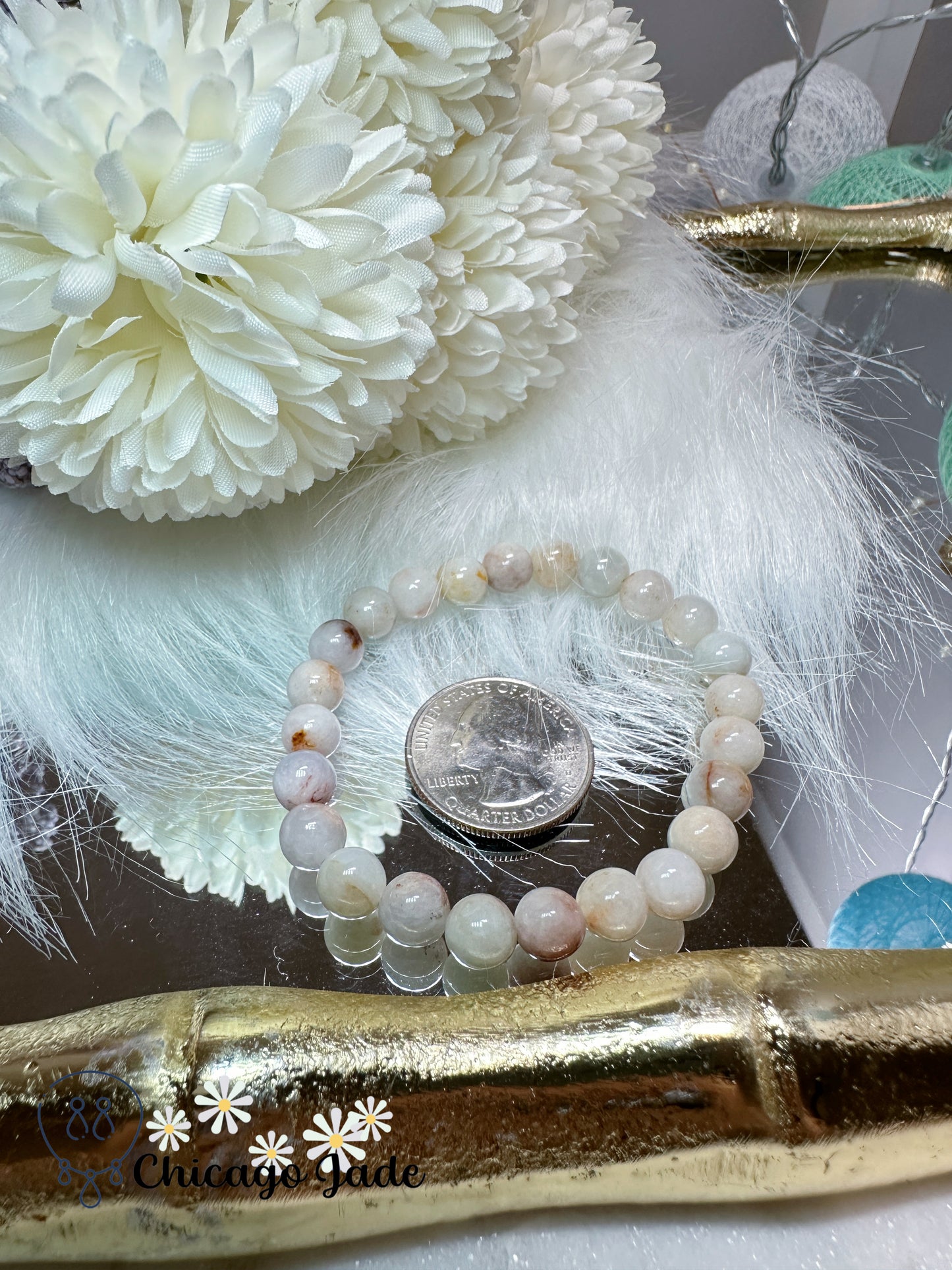 Touches of gold orange on moonlight white base round beaded bracelet, natural untreated Burma Jadeite feicui