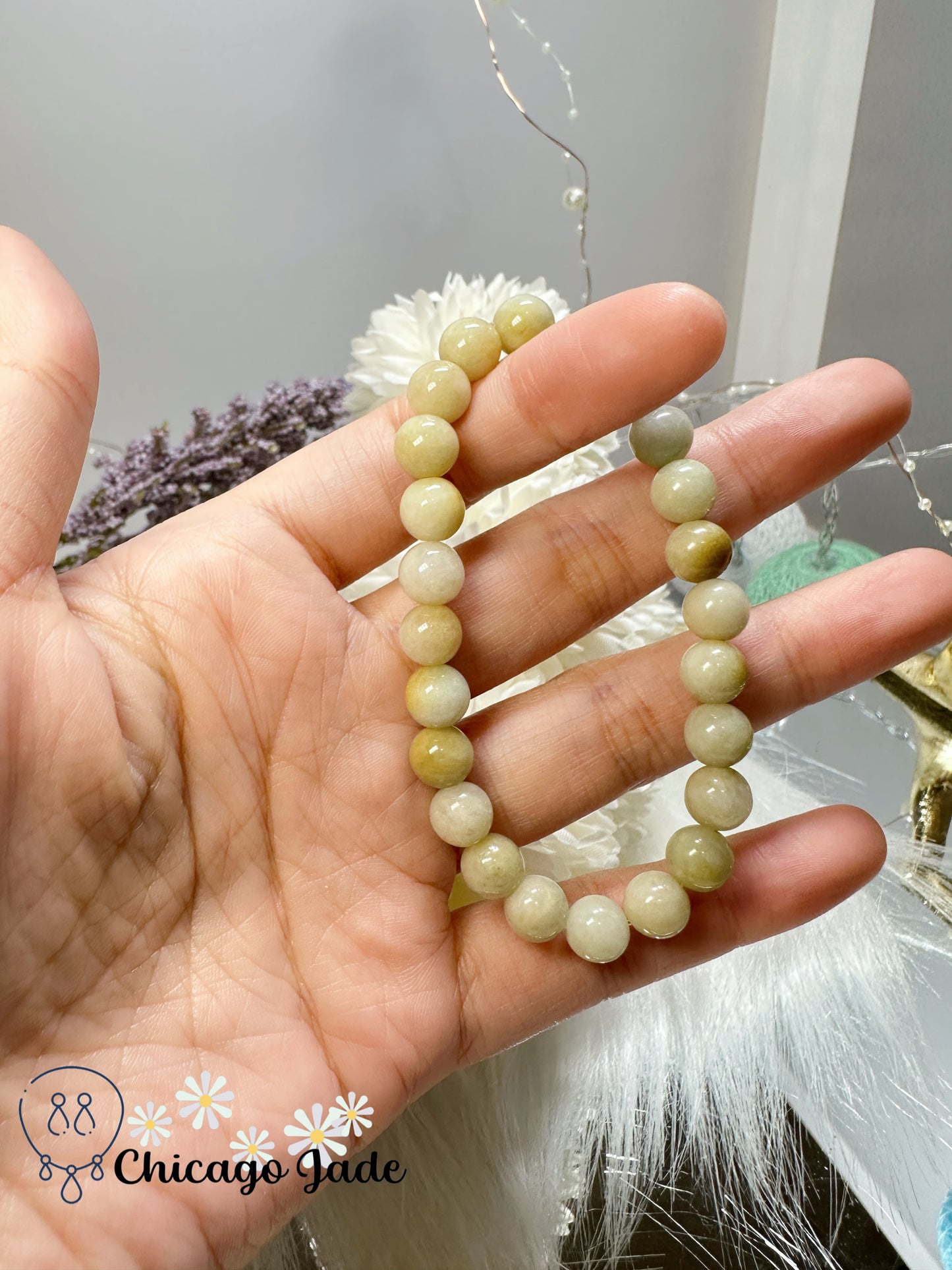 Yellow white alternating jadeite jade beaded bracelet feicui - elegant dainty natural Grade A stretchable