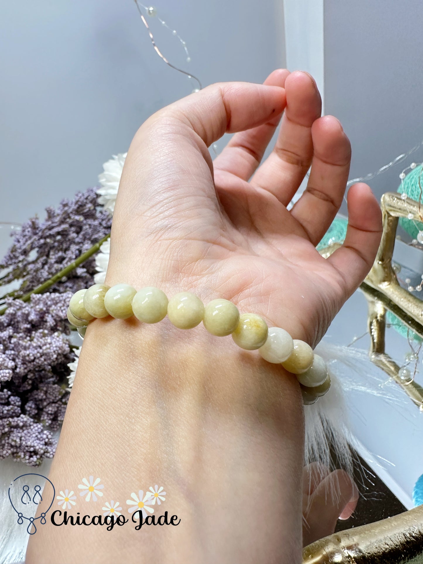 Yellow white alternating jadeite jade beaded bracelet feicui - elegant dainty natural Grade A stretchable