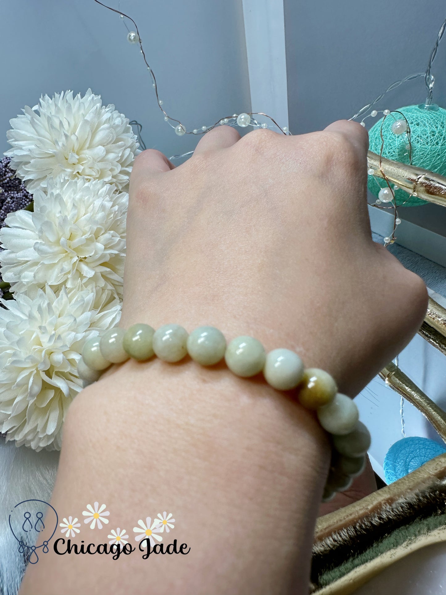 Yellow white alternating jadeite jade beaded bracelet feicui - elegant dainty natural Grade A stretchable