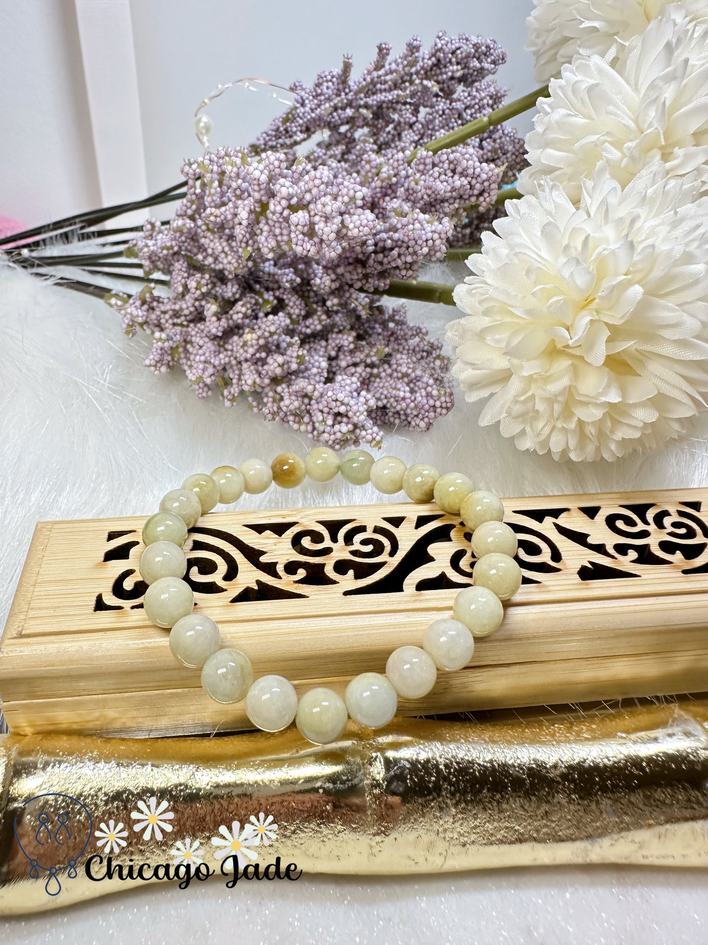 Yellow white alternating jadeite jade beaded bracelet feicui - elegant dainty natural Grade A stretchable