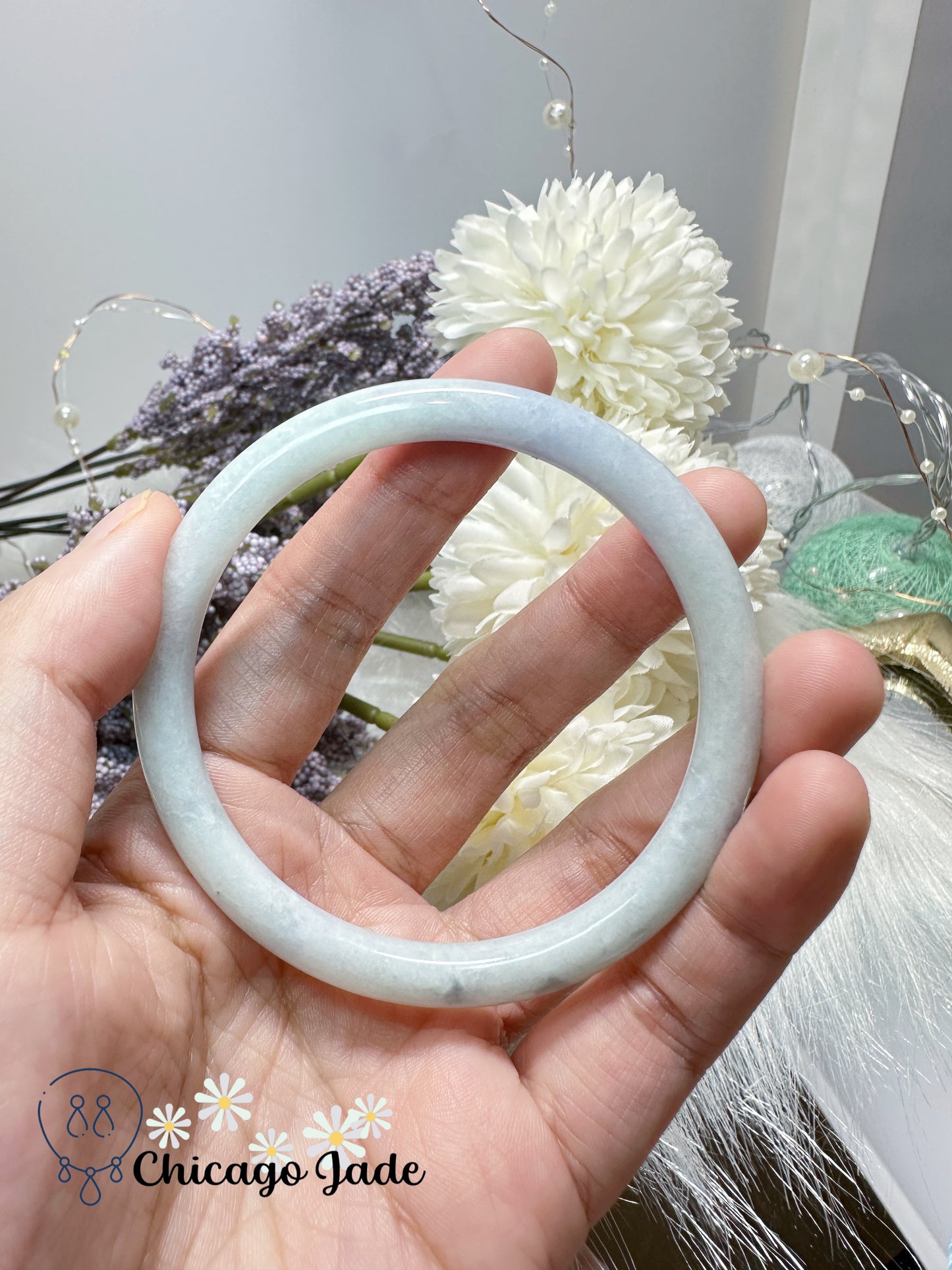 58.1mm diameter milky white base with bluish purple jadeite jade feicui bangle natural handmade certified