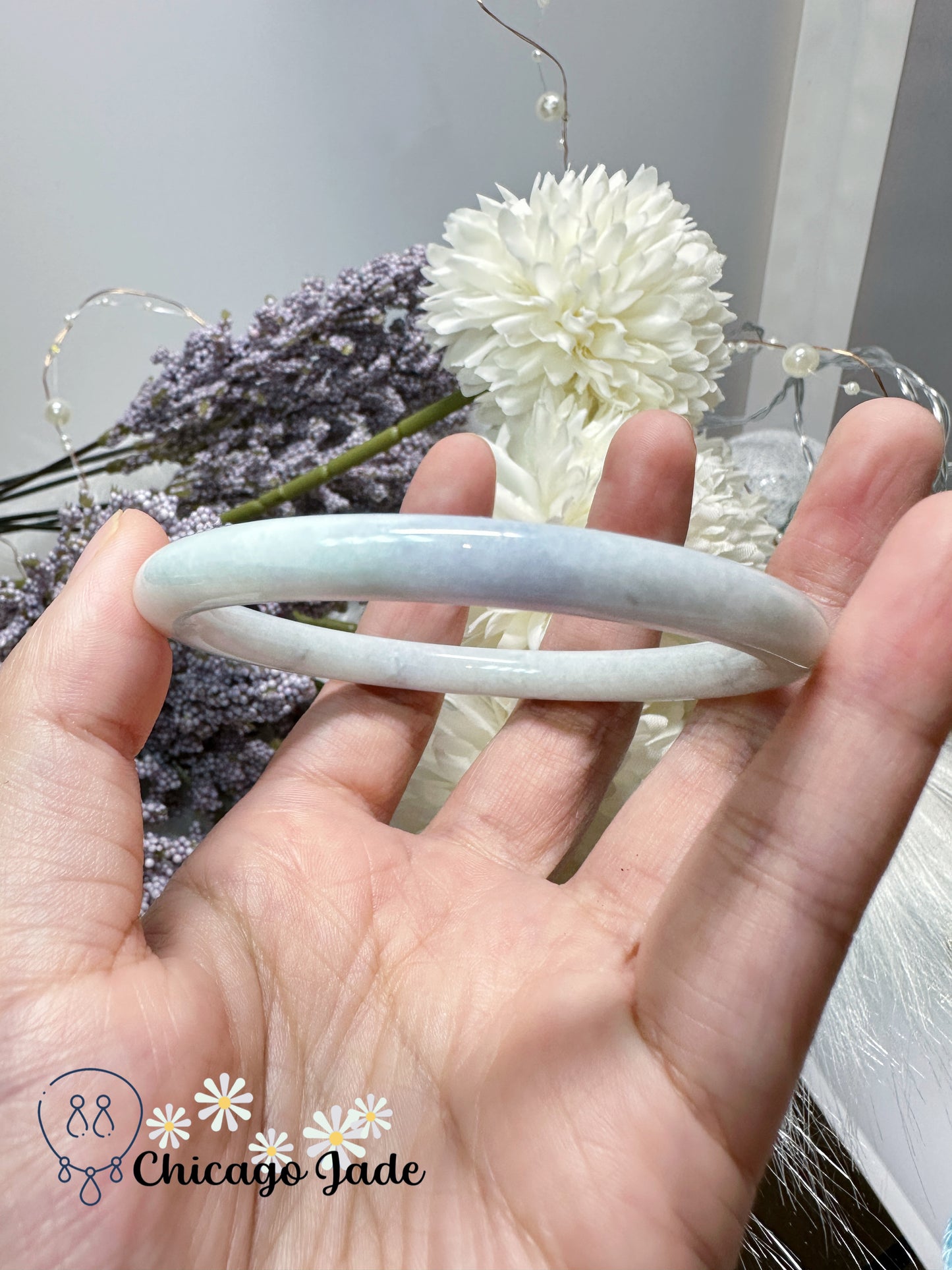 58.1mm diameter milky white base with bluish purple jadeite jade feicui bangle natural handmade certified