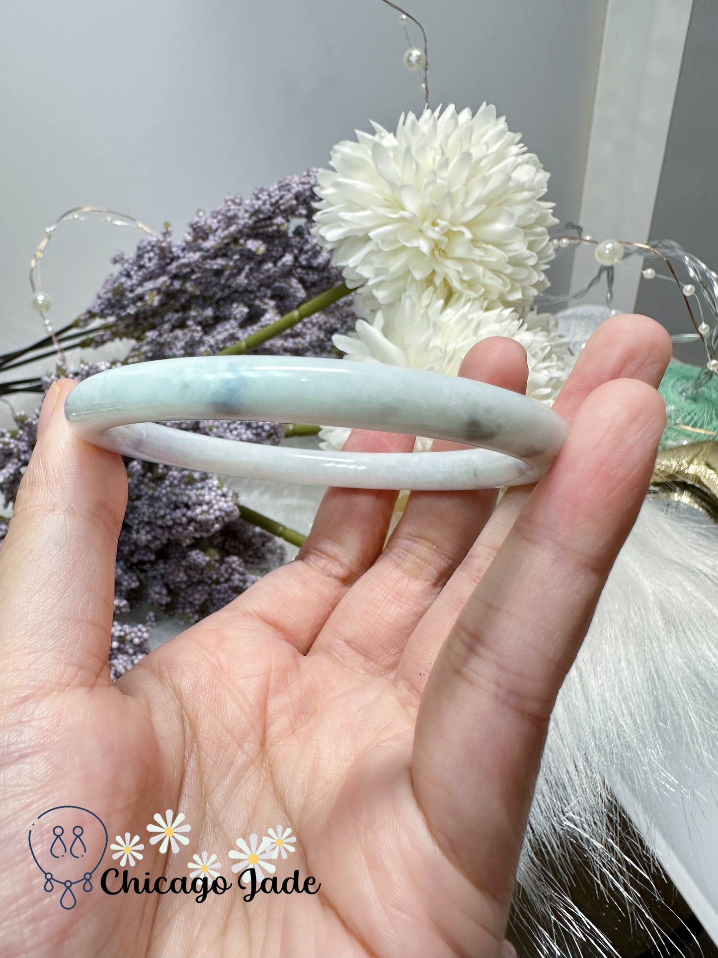 58.1mm diameter milky white base with bluish purple jadeite jade feicui bangle natural handmade certified