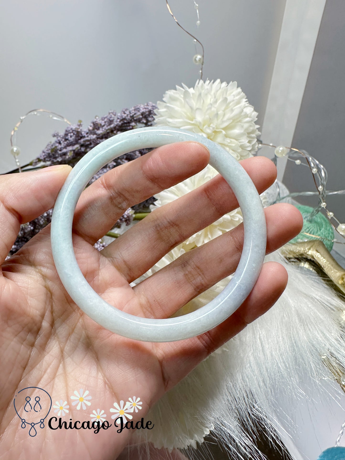 58.1mm diameter milky white base with bluish purple jadeite jade feicui bangle natural handmade certified