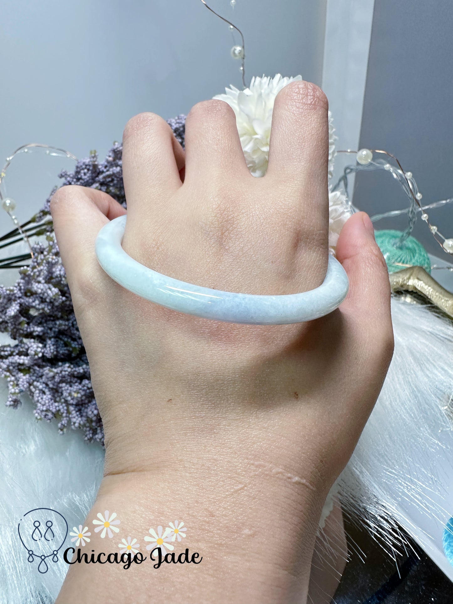 58.1mm diameter milky white base with bluish purple jadeite jade feicui bangle natural handmade certified