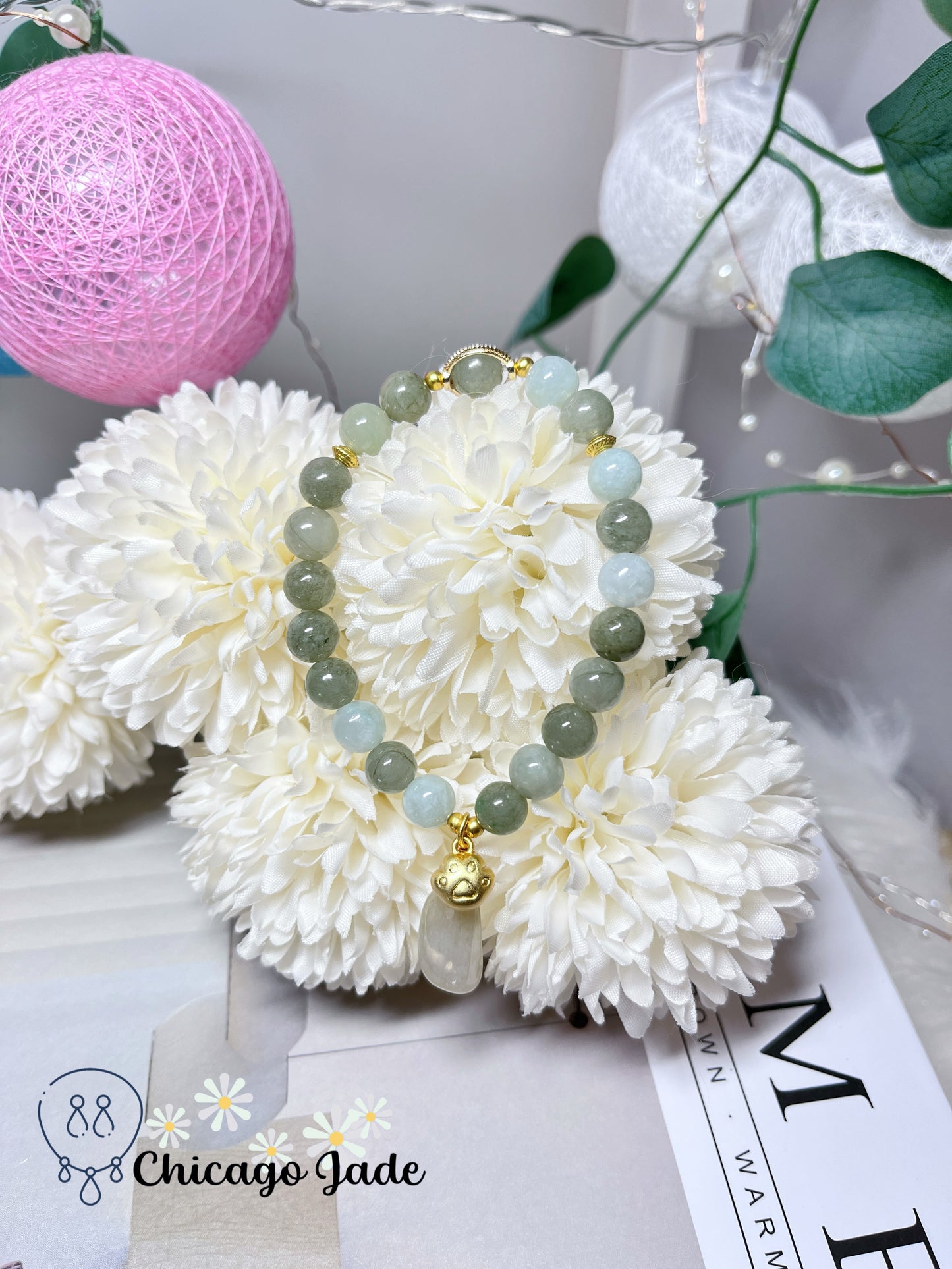 Icy Green White Natural Authentic Jadeite Jade Feicui Beaded Bracelet with Alloy Dangle Stretchable