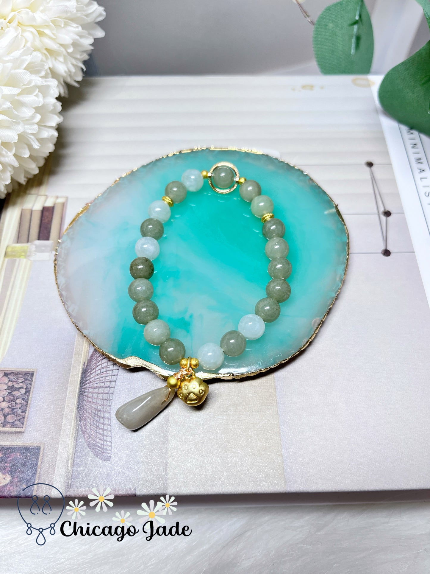 Icy Green White Natural Authentic Jadeite Jade Feicui Beaded Bracelet with Alloy Dangle Stretchable