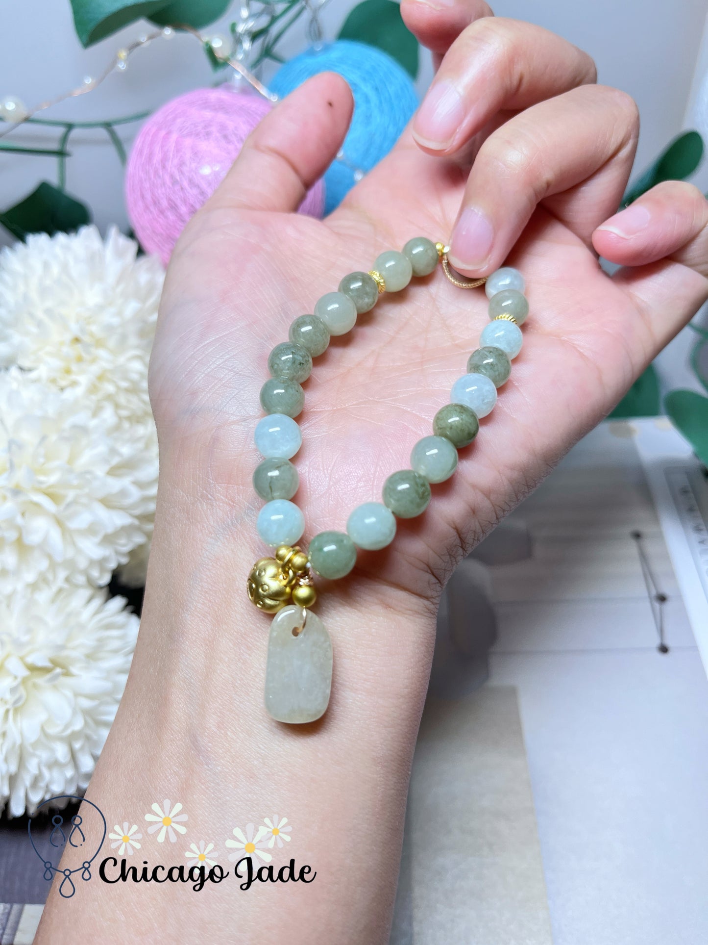 Icy Green White Natural Authentic Jadeite Jade Feicui Beaded Bracelet with Alloy Dangle Stretchable