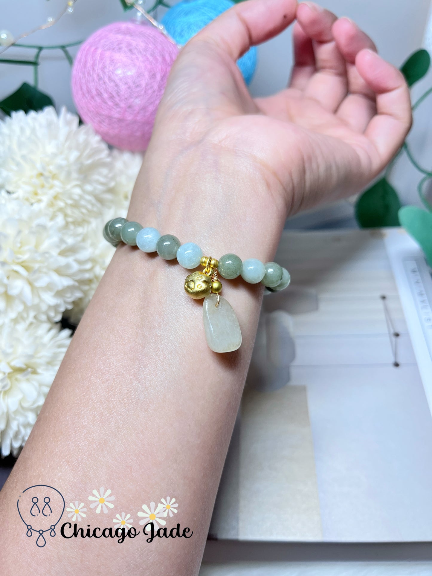 Icy Green White Natural Authentic Jadeite Jade Feicui Beaded Bracelet with Alloy Dangle Stretchable