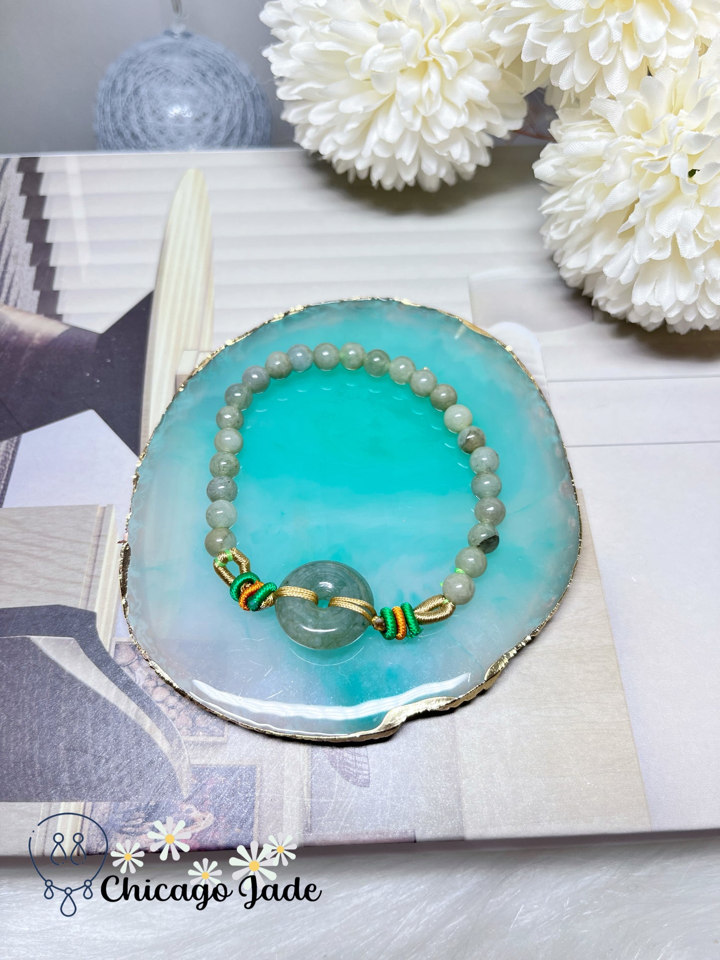 Fall Themed Donut Pingan Kou (Brings Safety) Beaded Bracelet Natural Authentic Jadeite Jade Feicui