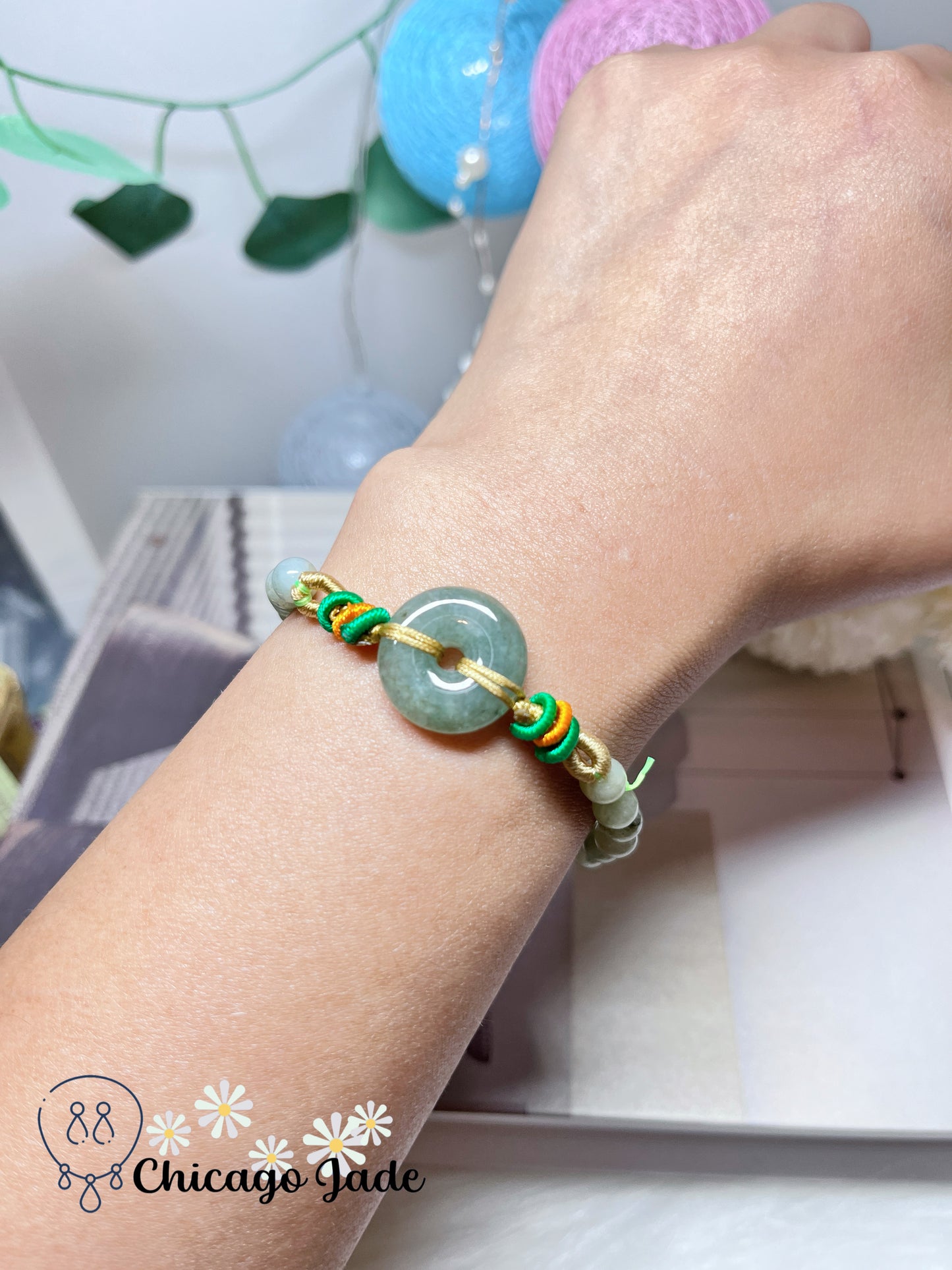 Fall Themed Donut Pingan Kou (Brings Safety) Beaded Bracelet Natural Authentic Jadeite Jade Feicui