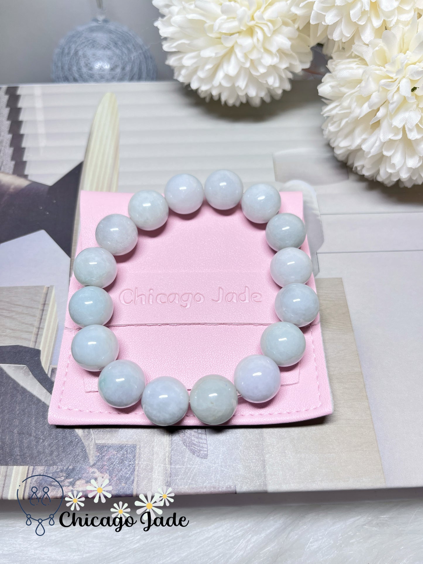 Large Snow White Smooth Beaded Bracelet Natural Jadeite Jade Feicui