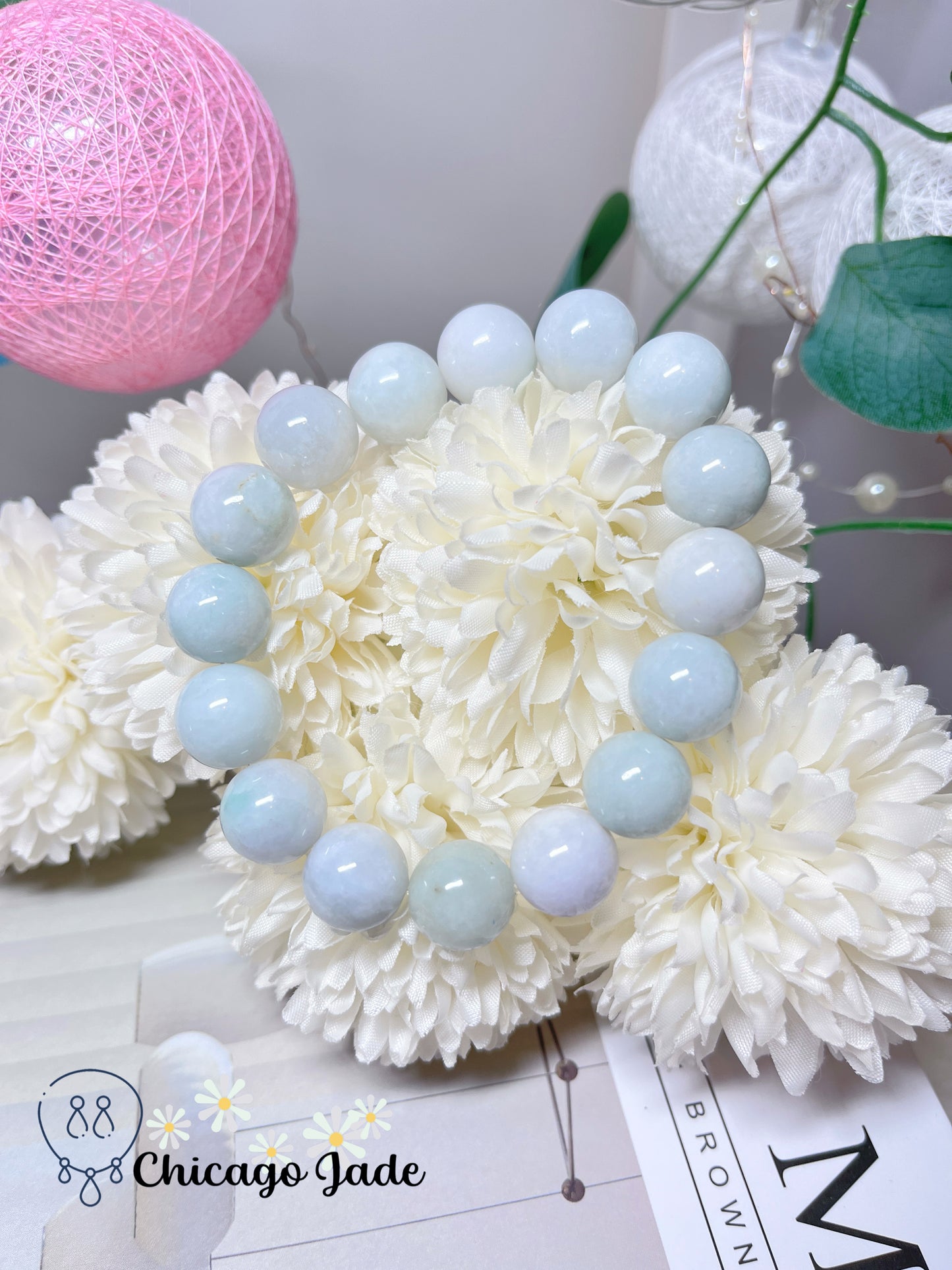 Large Snow White Smooth Beaded Bracelet Natural Jadeite Jade Feicui