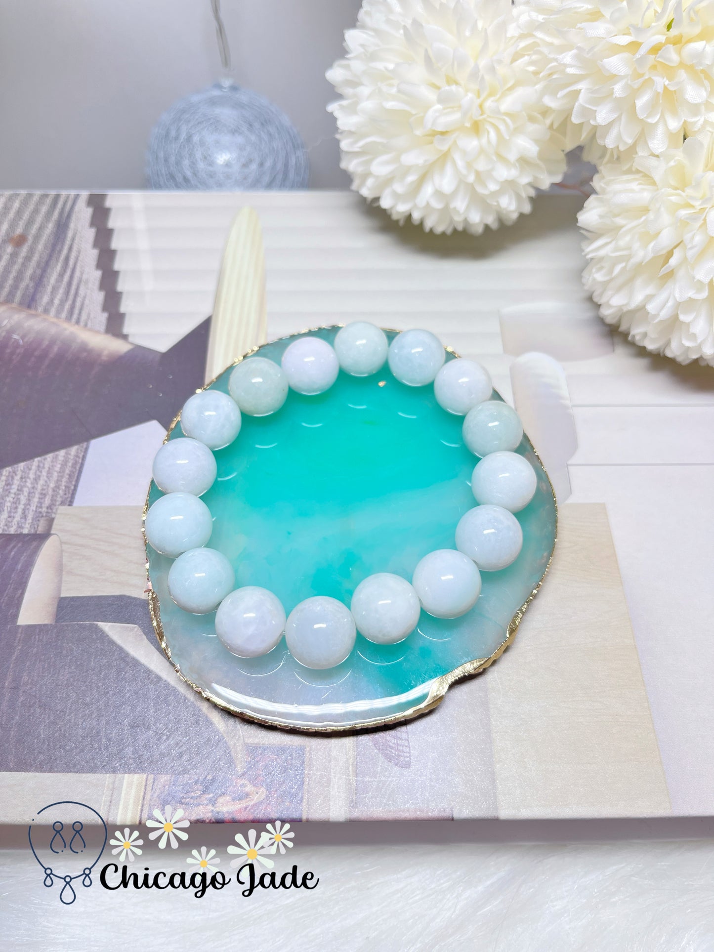 Large Snow White Smooth Beaded Bracelet Natural Jadeite Jade Feicui