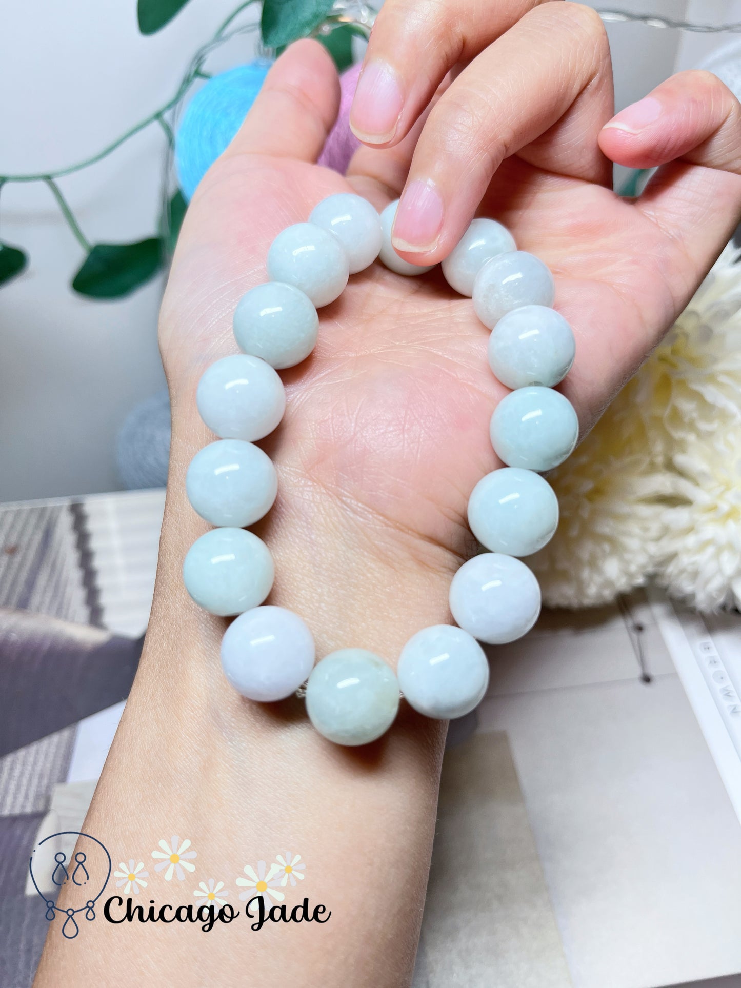 Large Snow White Smooth Beaded Bracelet Natural Jadeite Jade Feicui